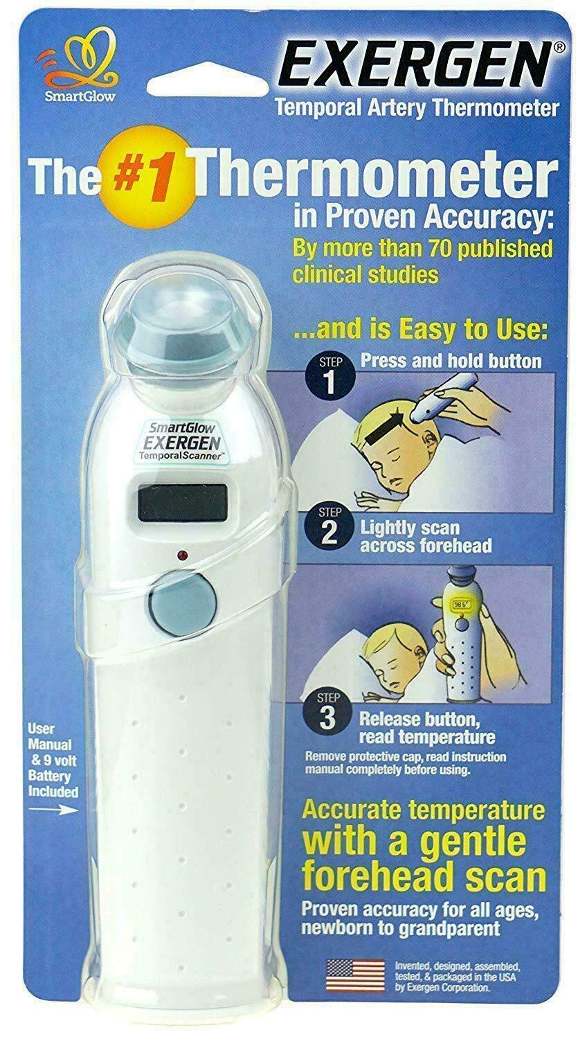 Exergen temporal thermometer showing forehead scan for fast readings
