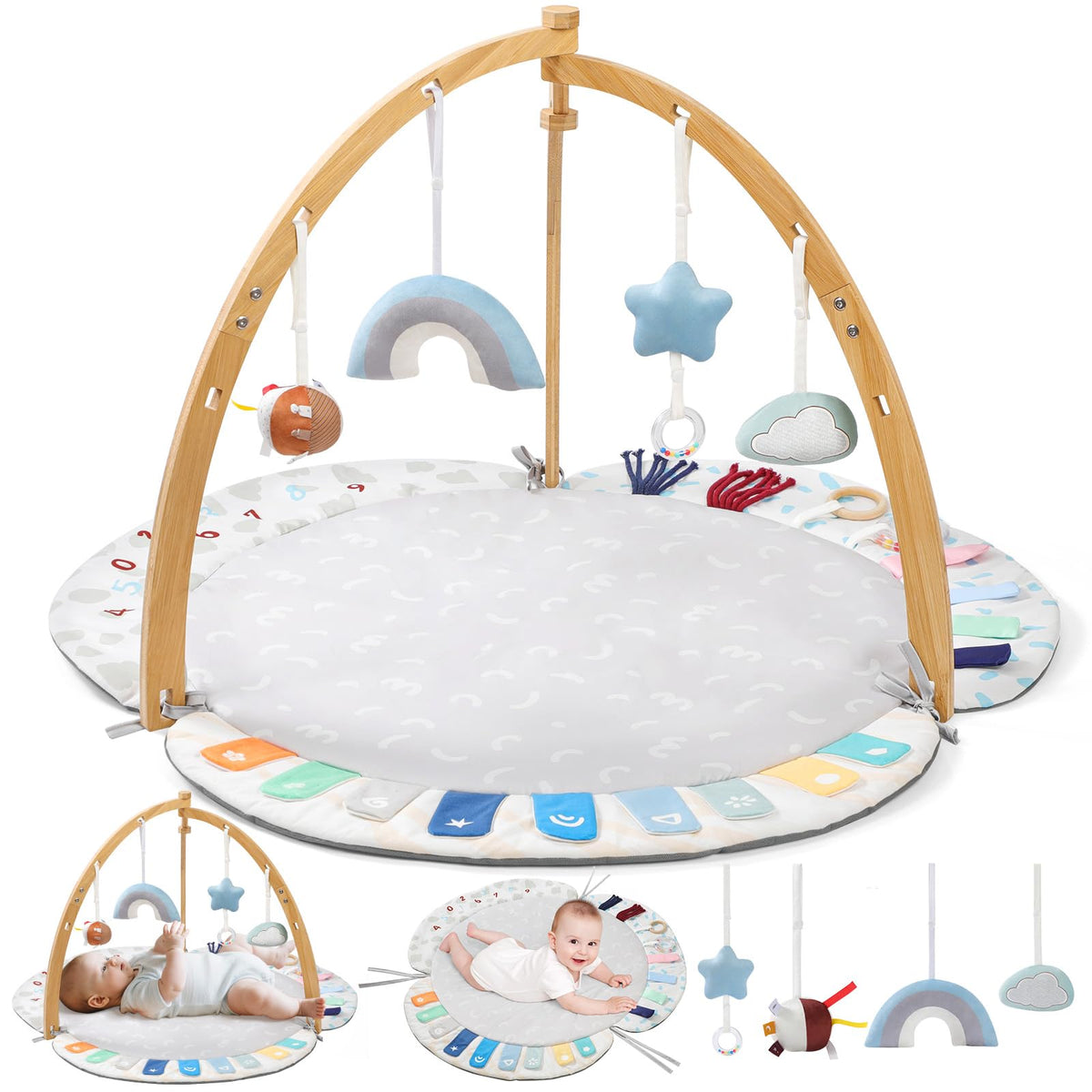 EXIN DECHEN baby play gym bamboo frame showcases natural materials for safe tummy time fun