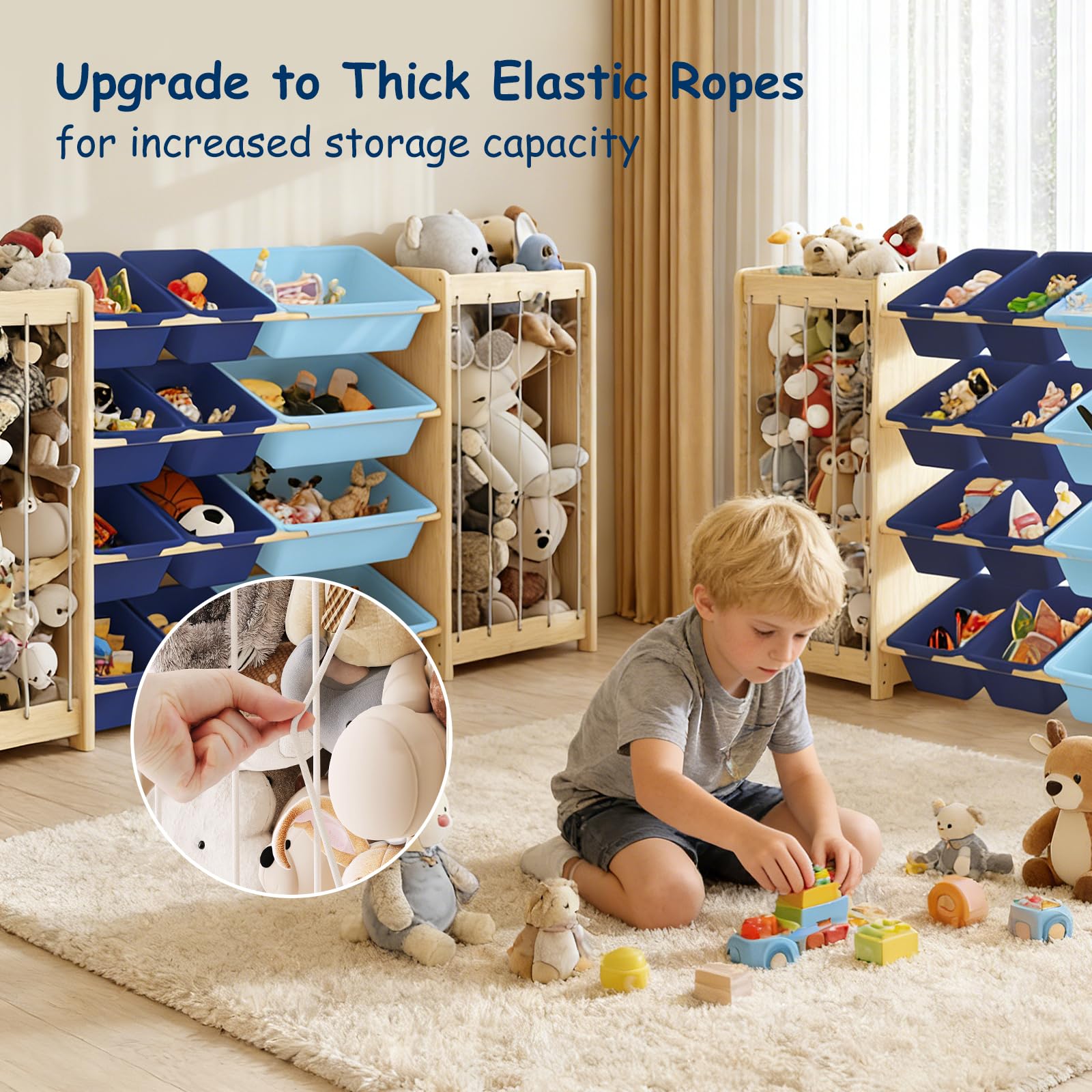 EXPERLAM blue storage bins add a playful modern touch.