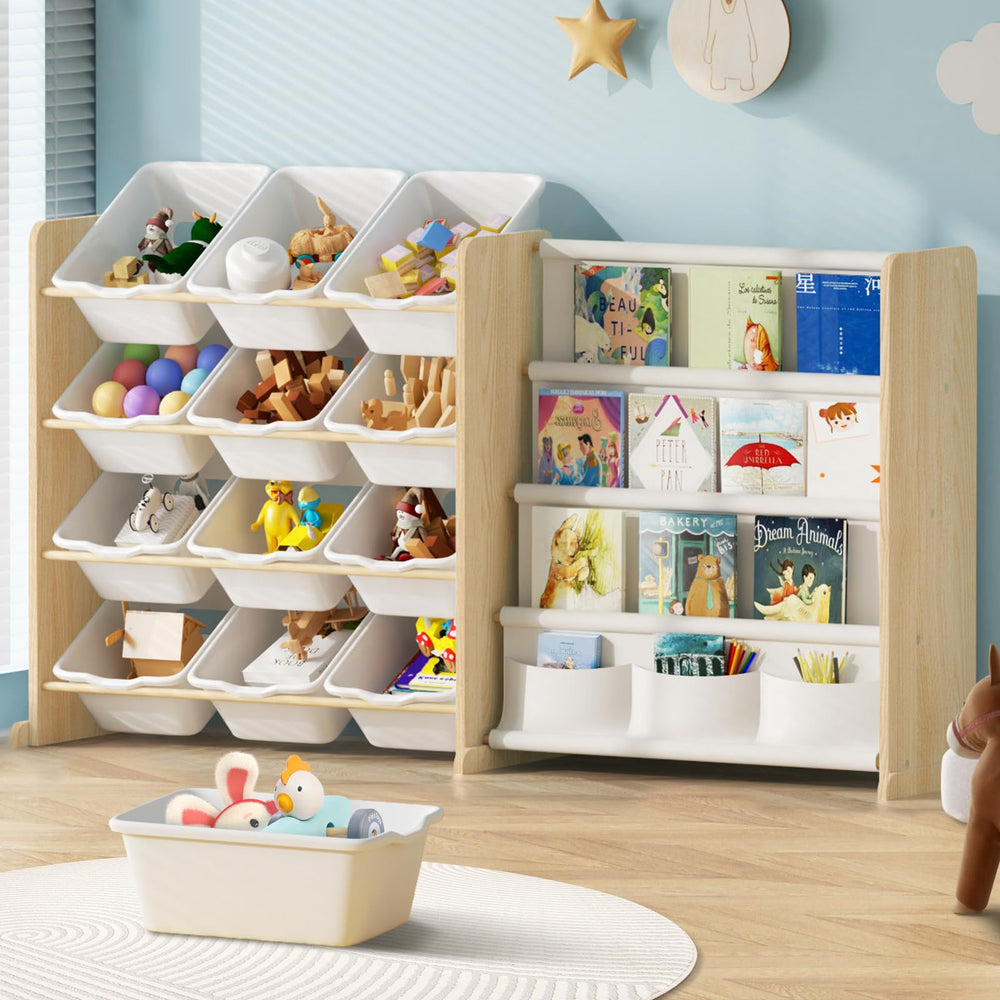 EXPERLAM Kids Toy Storage Organizer front view with twelve bins and four shelves for easy cleanup