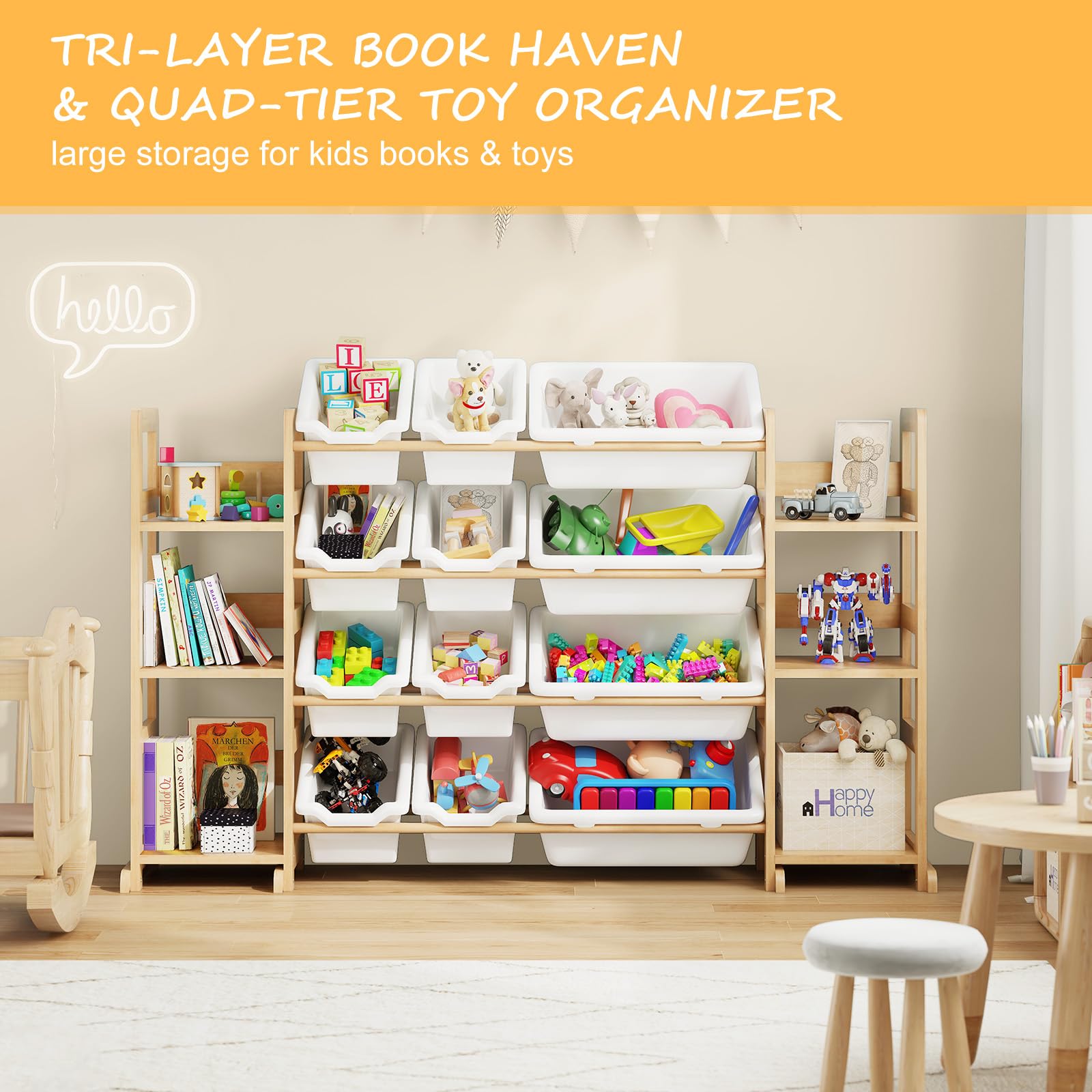EXPERLAM multi-level bin storage helps categorize books and toys.