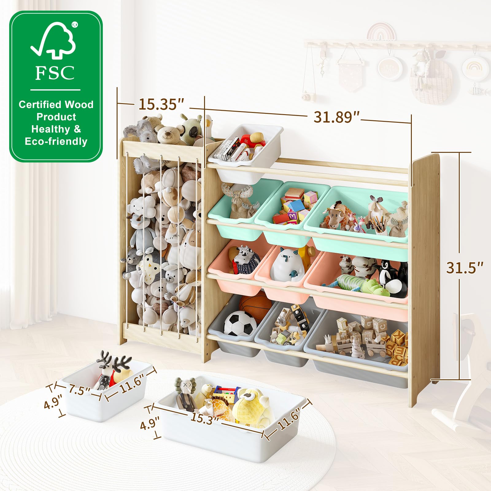 EXPERLAM solid pine wood construction offers a sturdy, safe storage solution for playrooms.