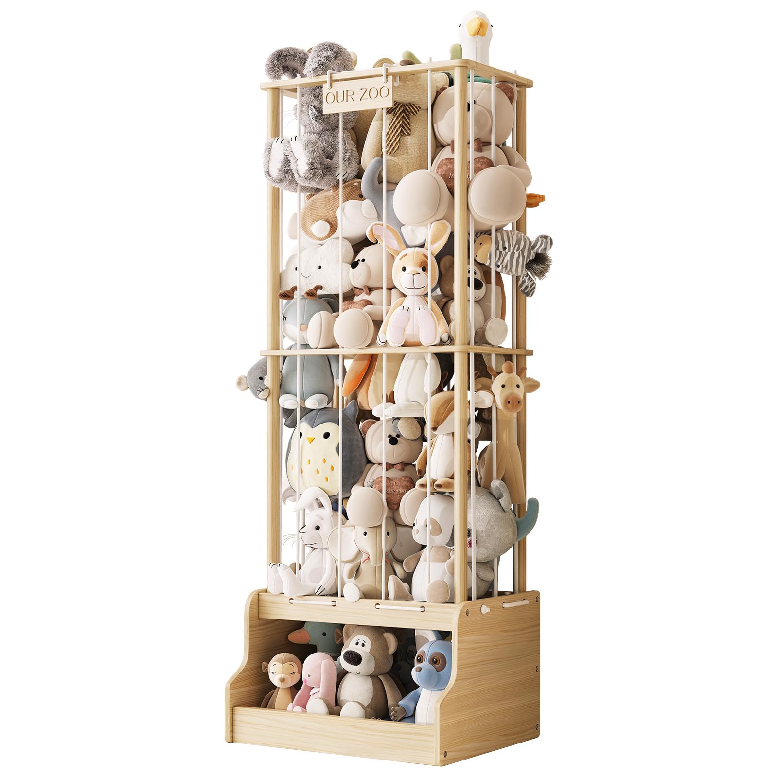 EXPERLAM stuffed animal storage in pine wood, a sturdy plush toy zoo for toys