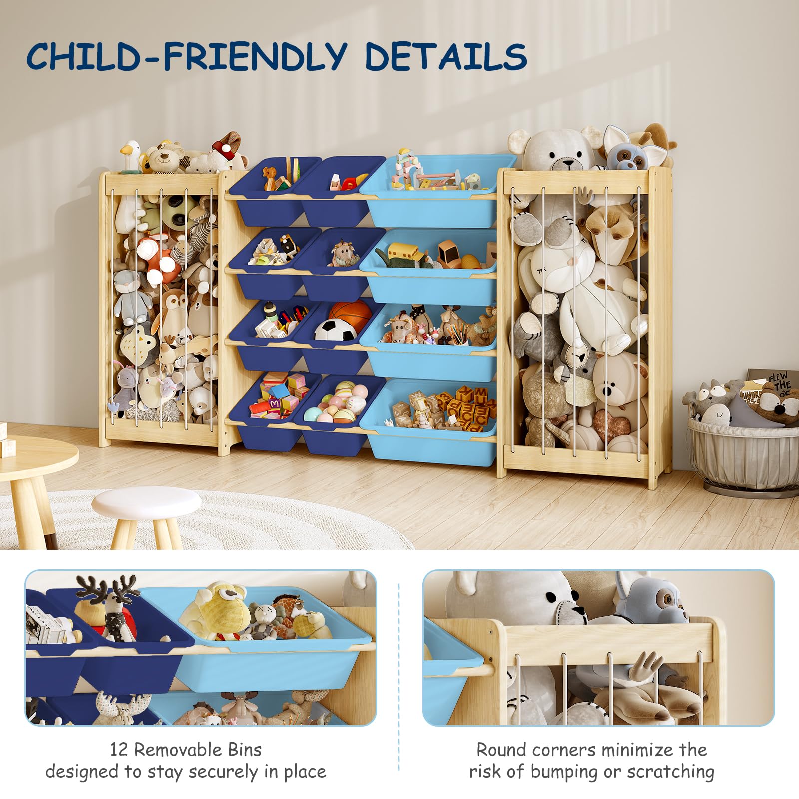 EXPERLAM thicker elastic ropes keep stuffed toys secure during cleanup.