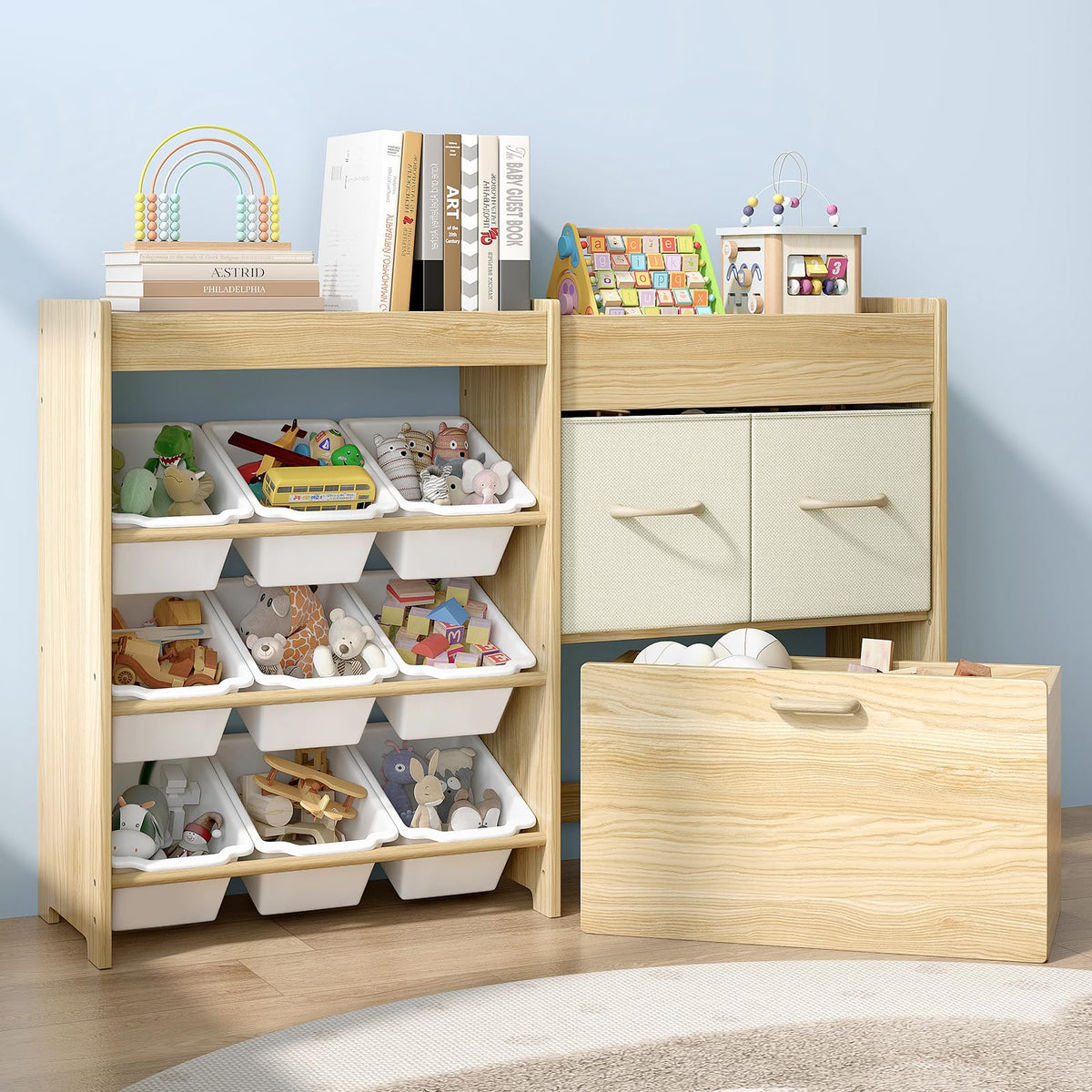 EXPERLAM toy storage organizer with 9 bins keeps toys organized and accessible.