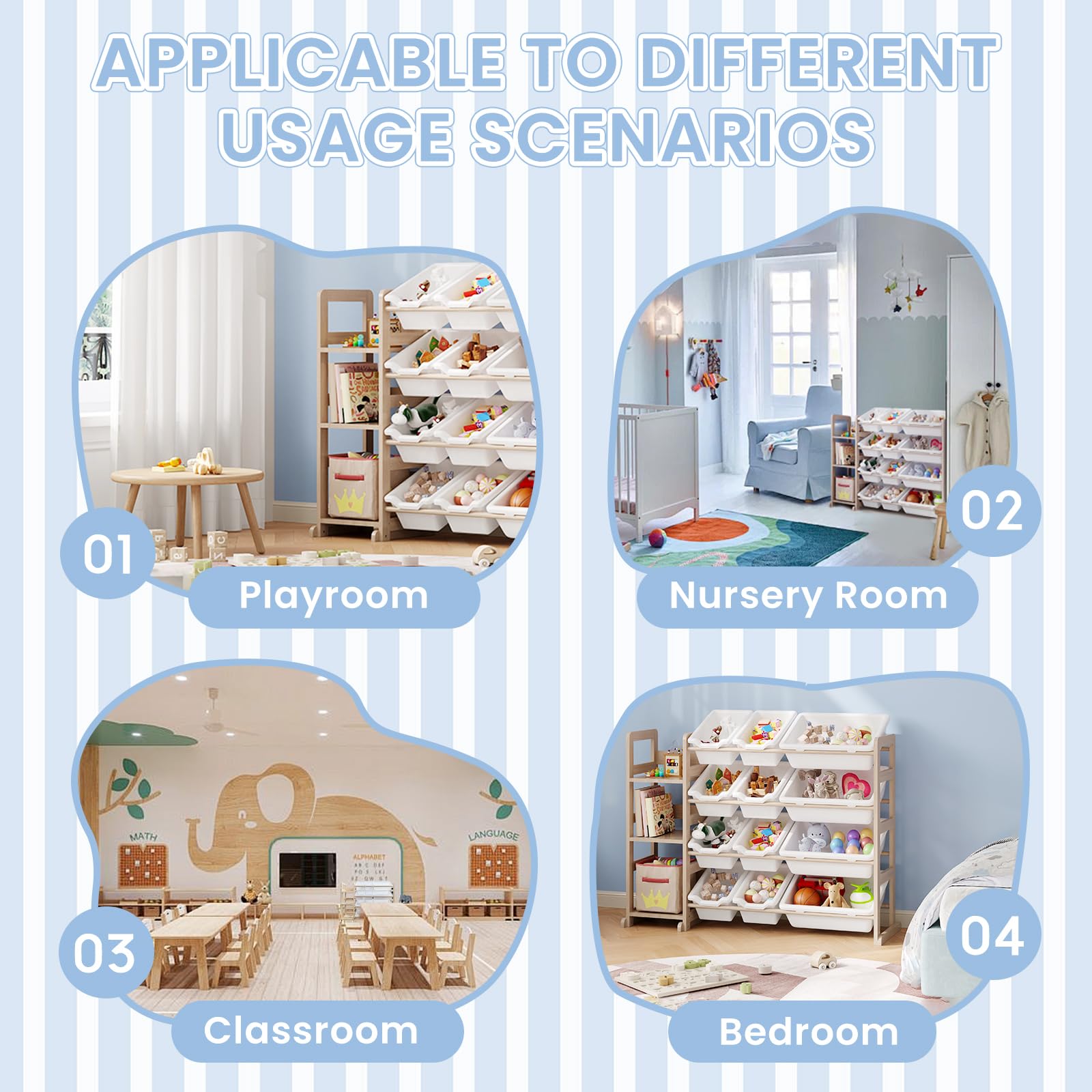 EXPERLAM toy storage organizer bin sizes—four large and eight small for easy sorting.