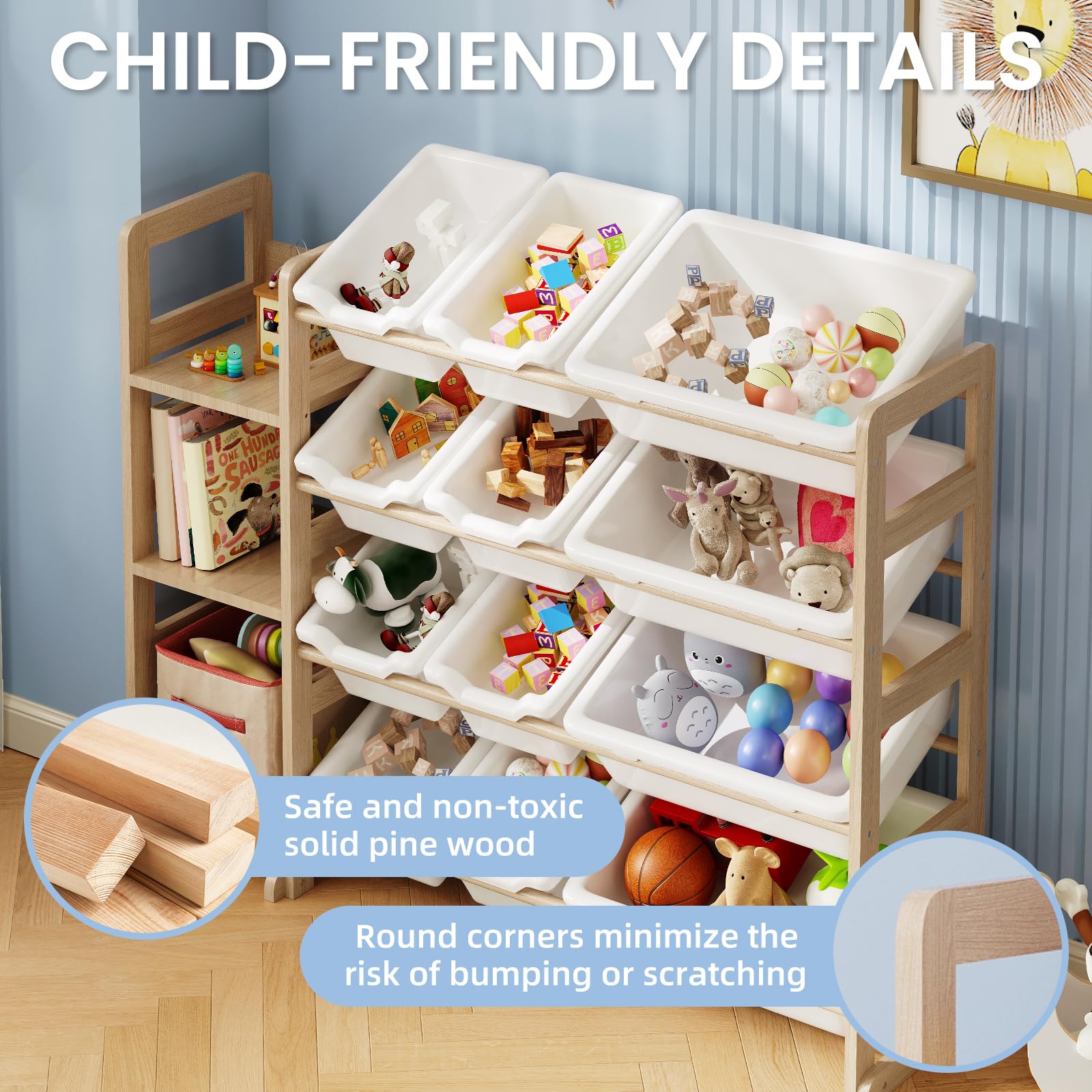 EXPERLAM toy storage organizer in room showcases modern white and natural wood design.