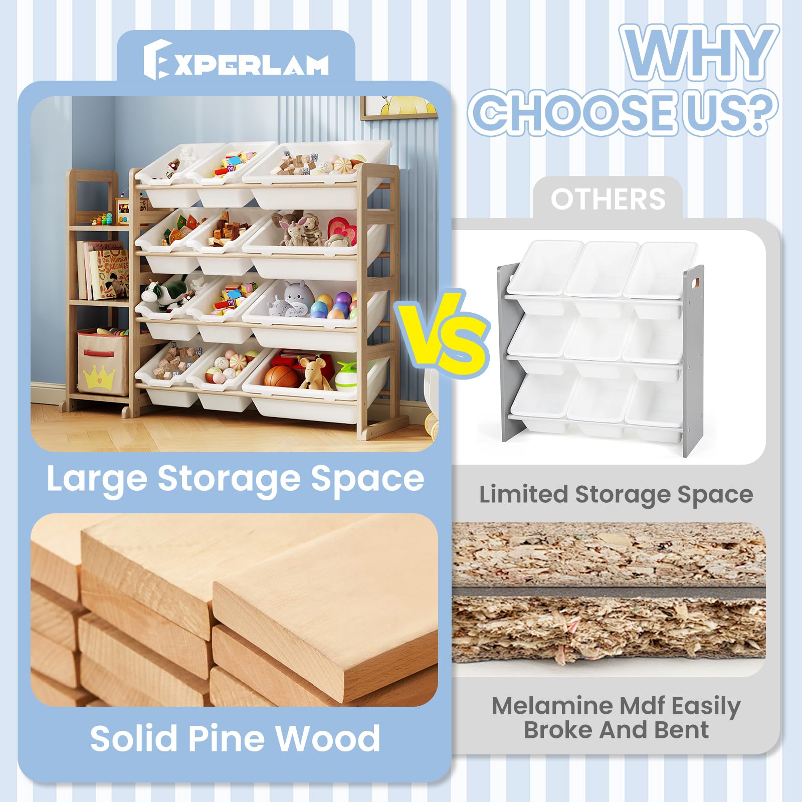 EXPERLAM toy storage organizer wood material closeup highlights pine construction.