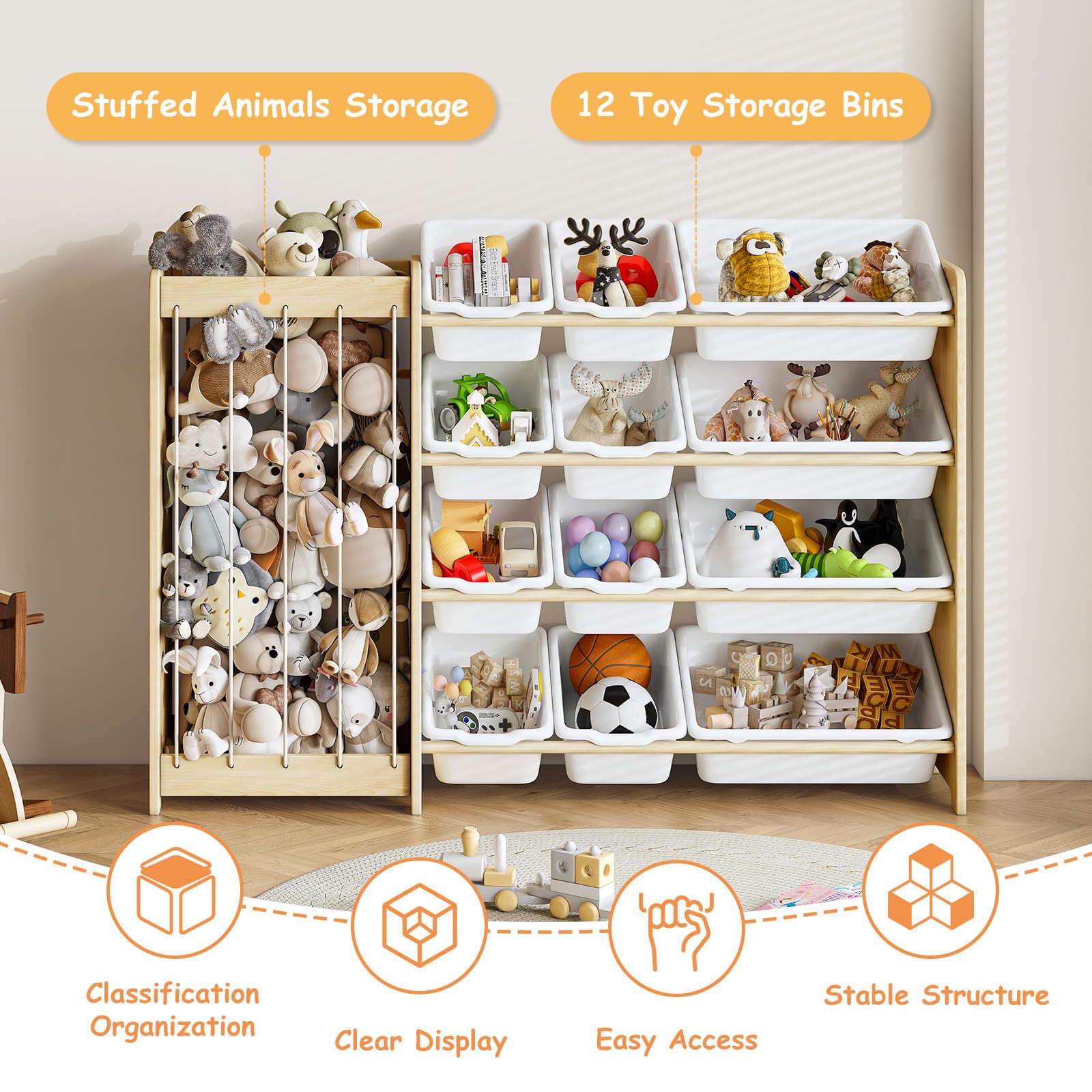 EXPERLAM White bins contrast with wood to simplify toy spotting.