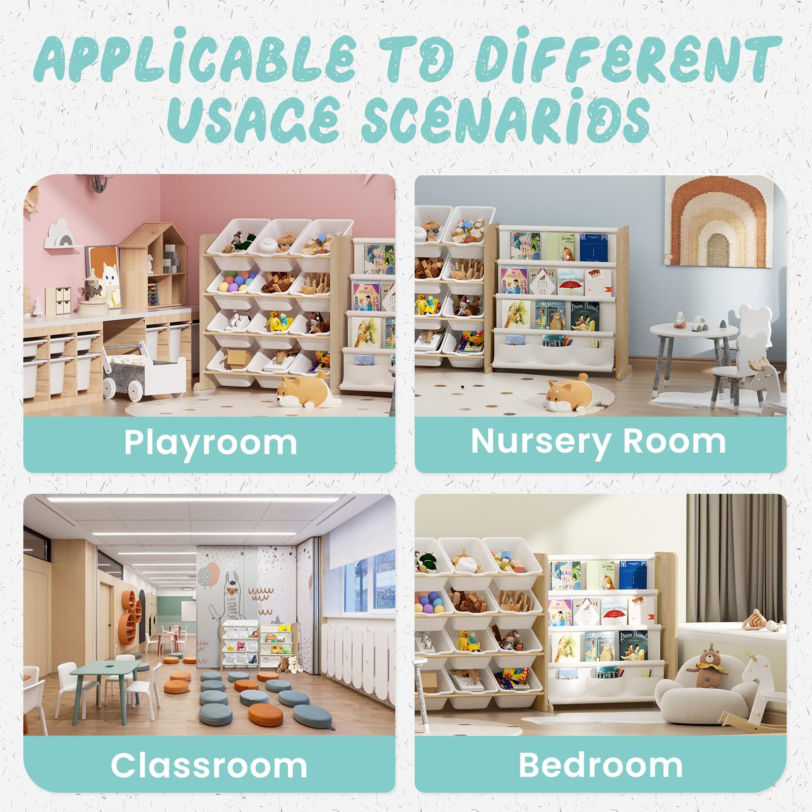 Generous storage capacity keeps the playroom tidy for toys and books