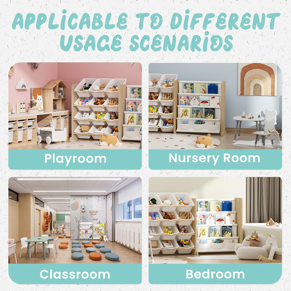 Generous storage capacity keeps the playroom tidy for toys and books