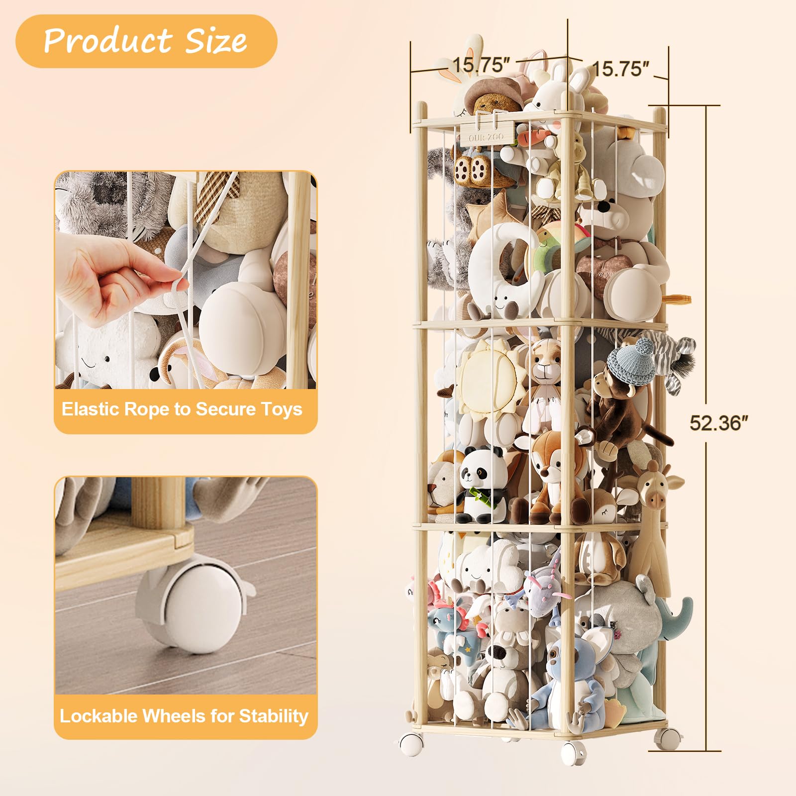 Experlam wooden plush toy rack with thick elastic bands keeps toys secure.