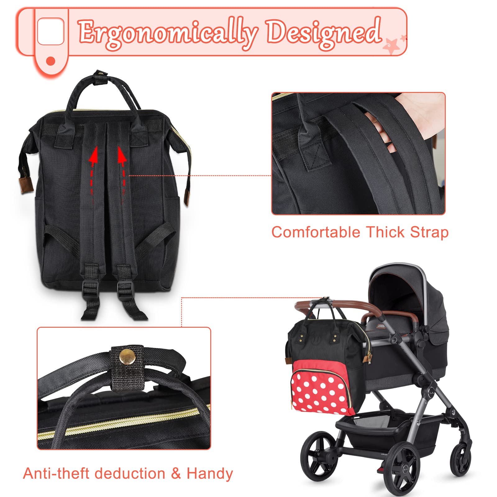 Exttlliy fashion diaper bag polka dots adds style for everyday outings.