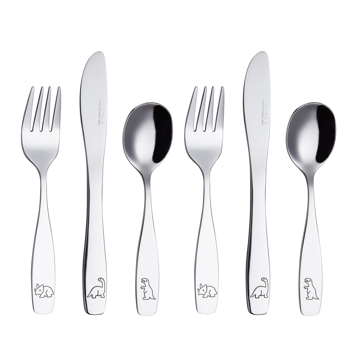 Exzact Kids Flatware dinosaur-engraved forks for toddlers, easy grip.