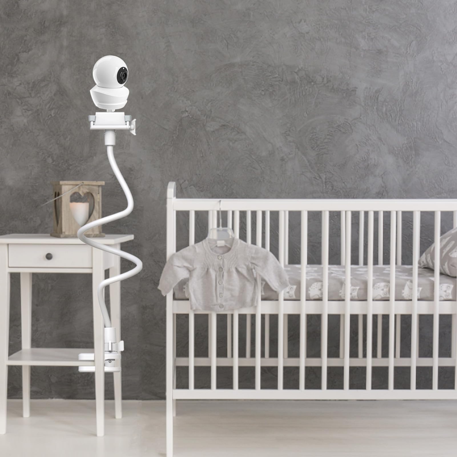 Babysense monitor mounted to cot with EYSAFT adjustable arm for precise angle