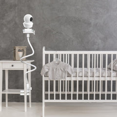 Babysense monitor mounted to cot with EYSAFT adjustable arm for precise angle
