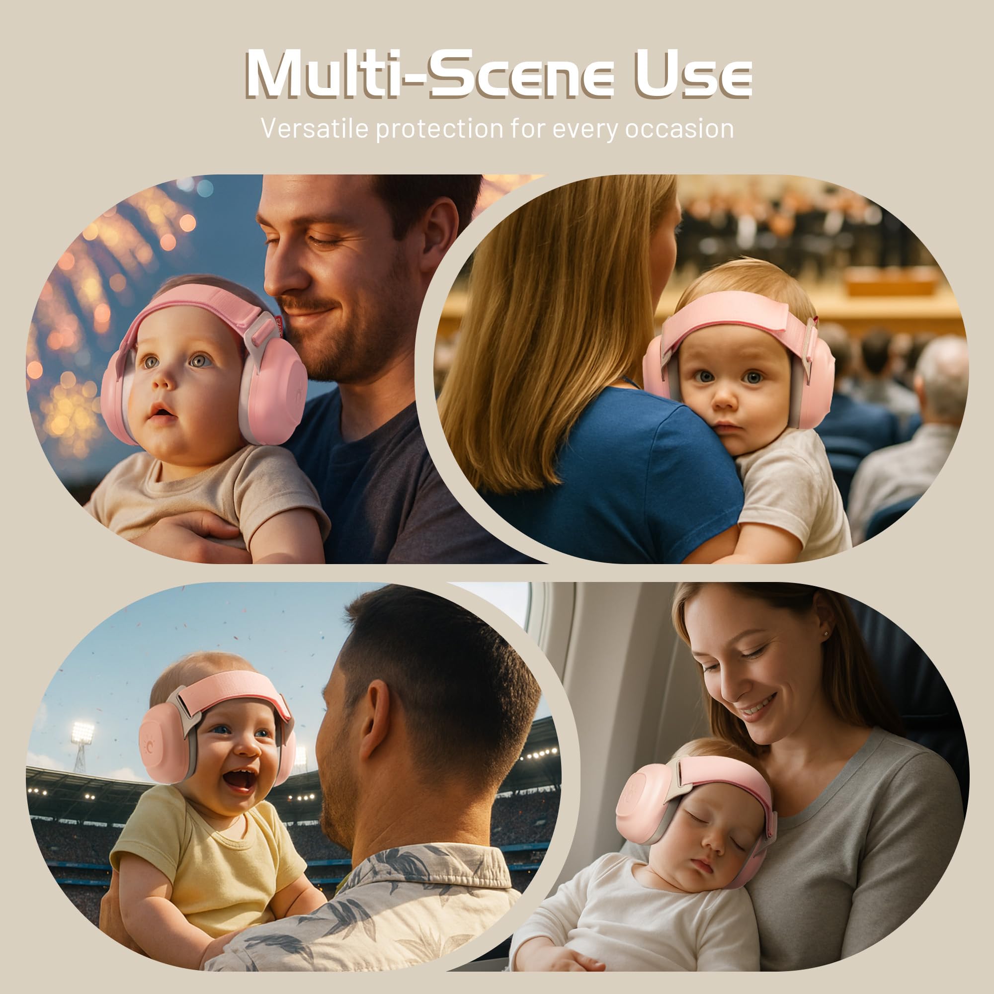 EZARC Baby Ear Muffs in airplane setting provide calm listening.
