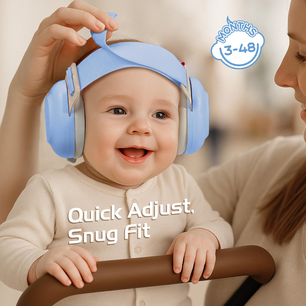 EZARC ear muffs worn by a baby for busy environments.
