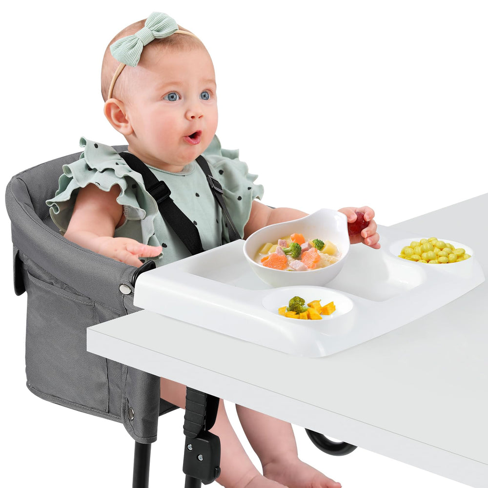 Ezebaby hook on high chair with table clip securely anchors for safe family meals.