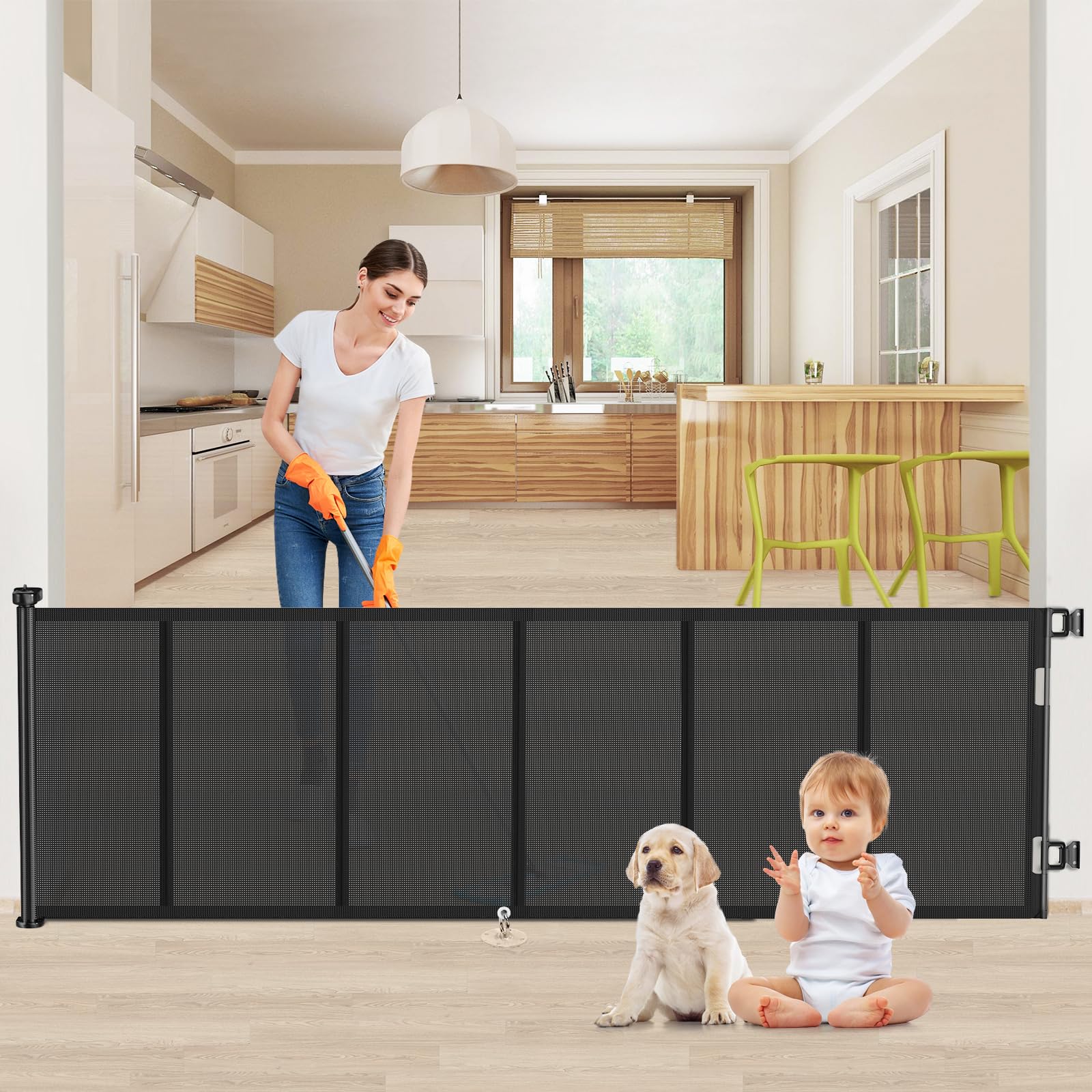 EZIGO 120-inch retractable gate with ultra-wide opening for large spaces and safe passage