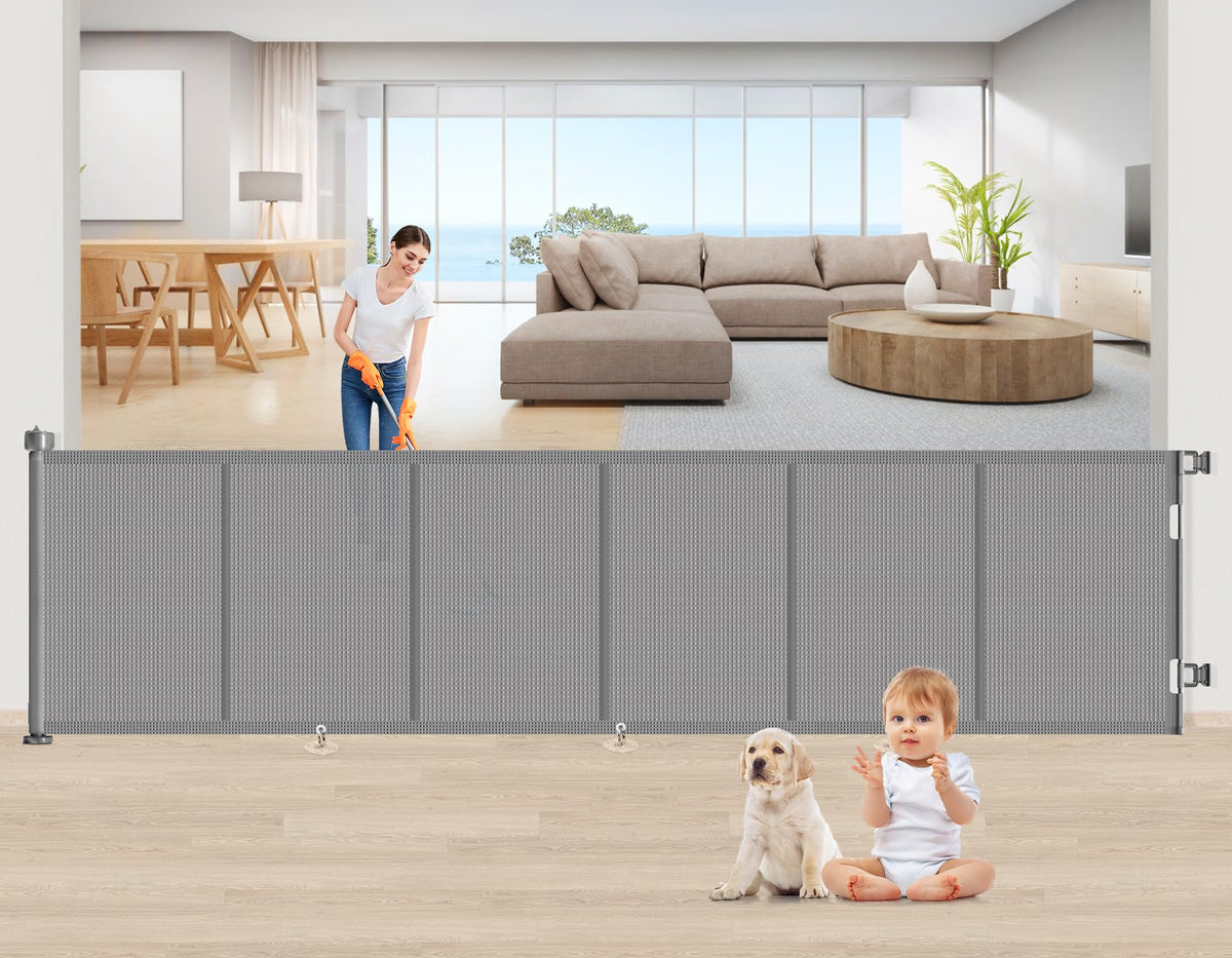 EZIGO 150-inch retractable gate extended across a wide opening for safe play
