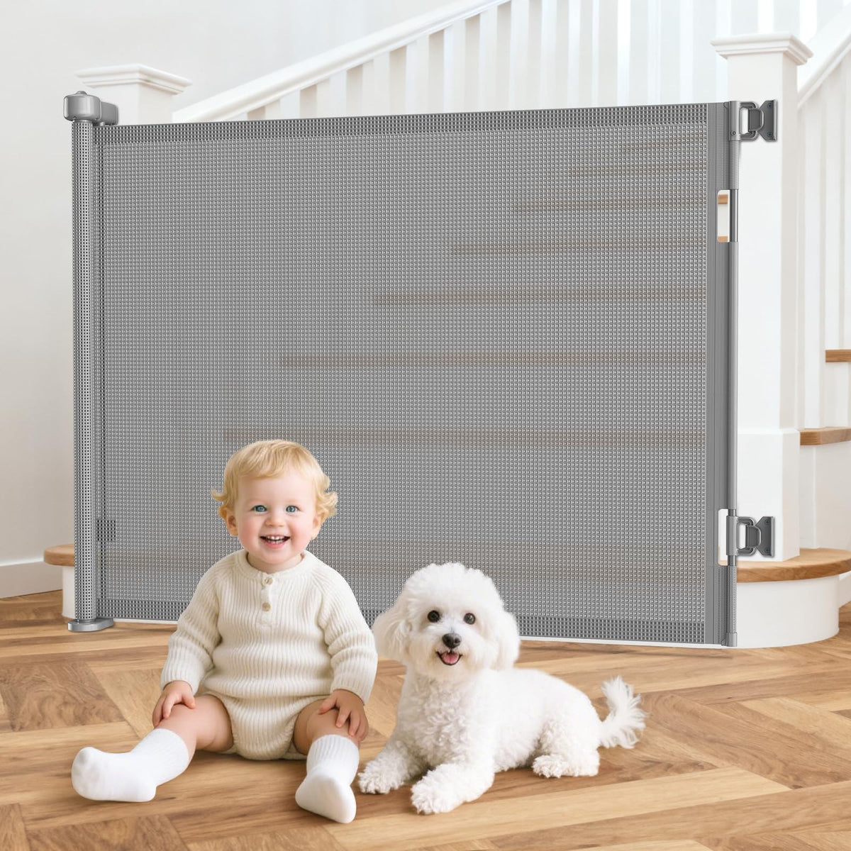EZIGO 55-inch retractable baby gate extended width for wide openings, flexible barrier