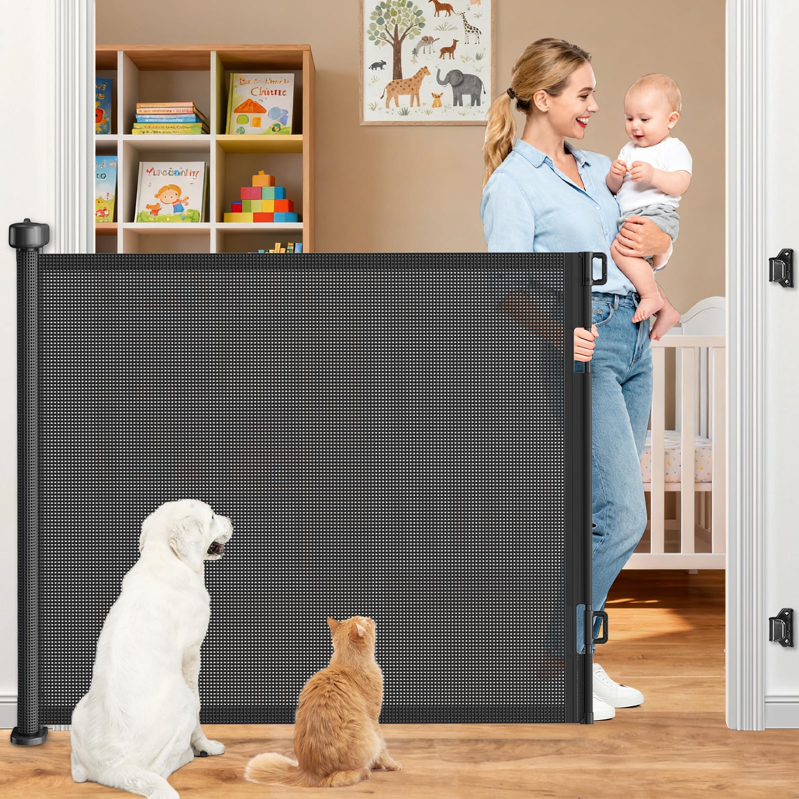 EZIGO 71in retractable baby gate wide demonstrates spacious guarding for stairs.
