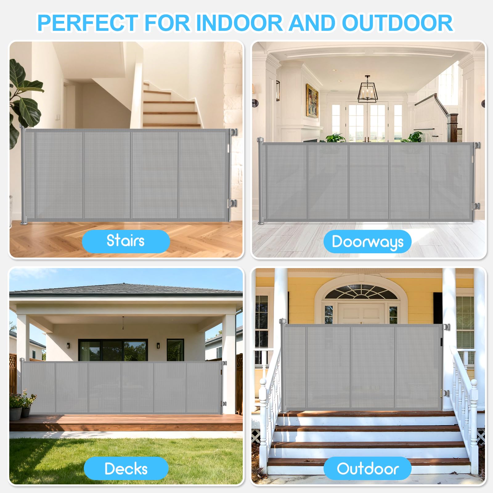 EZIGO gate spanning a doorway, suitable for indoor and outdoor use to keep kids and pets safe.
