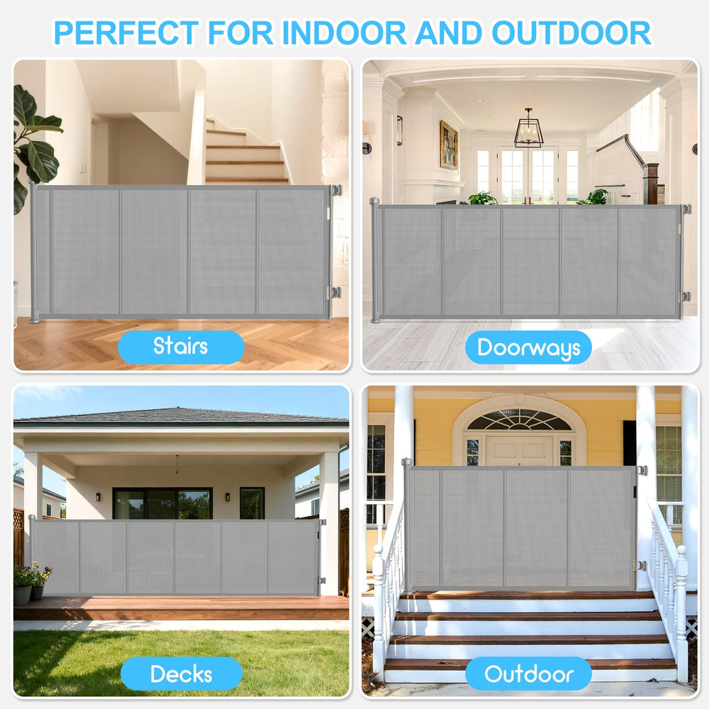 EZIGO gate spanning a doorway, suitable for indoor and outdoor use to keep kids and pets safe.