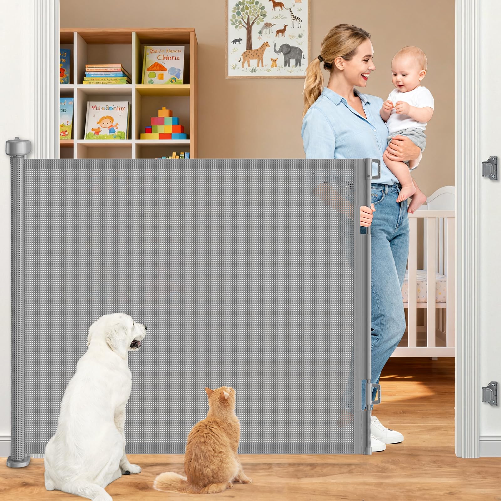 EZIGO retractable gate fully extended across a doorway for wide safety.