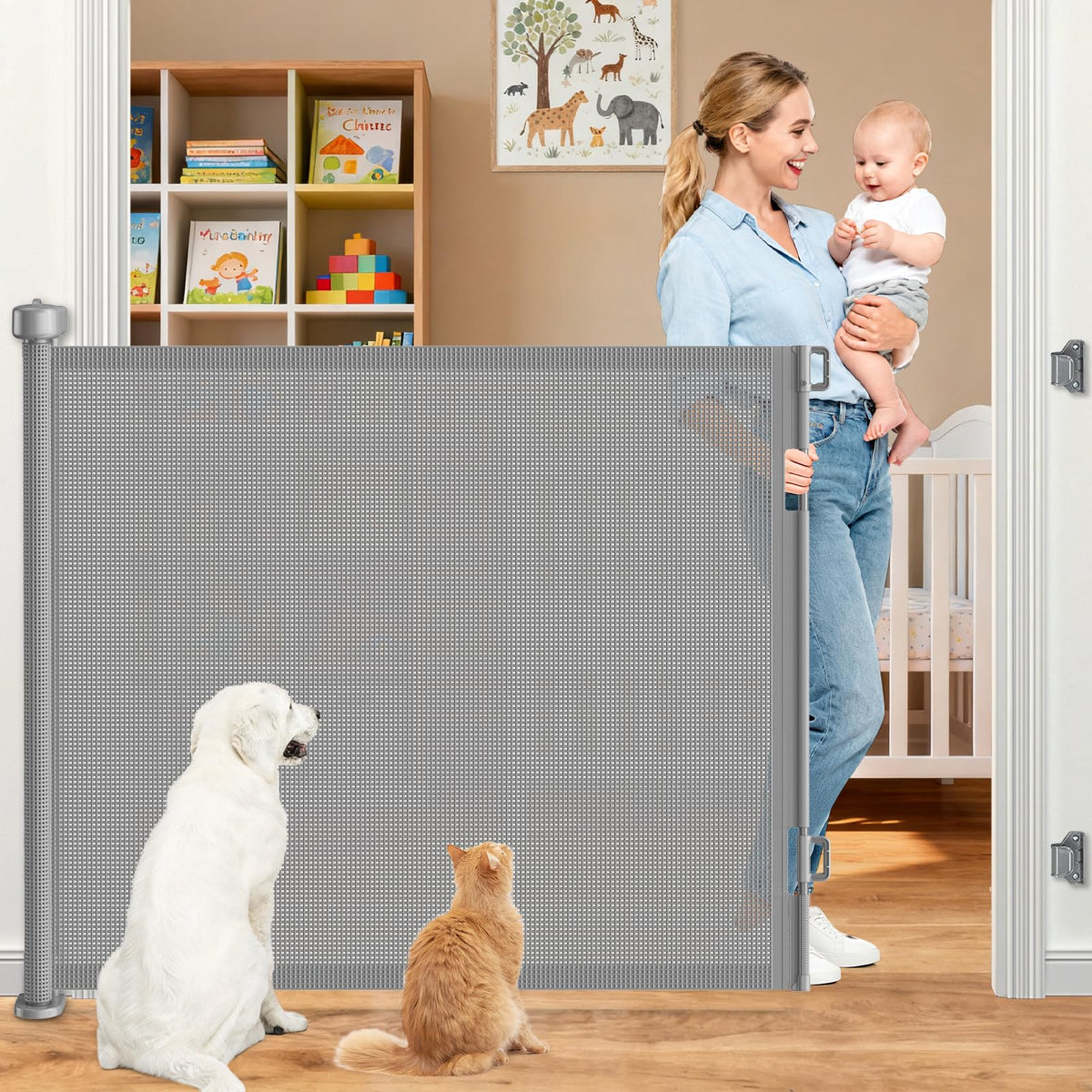 EZIGO retractable gate fully extended across a doorway for wide safety.