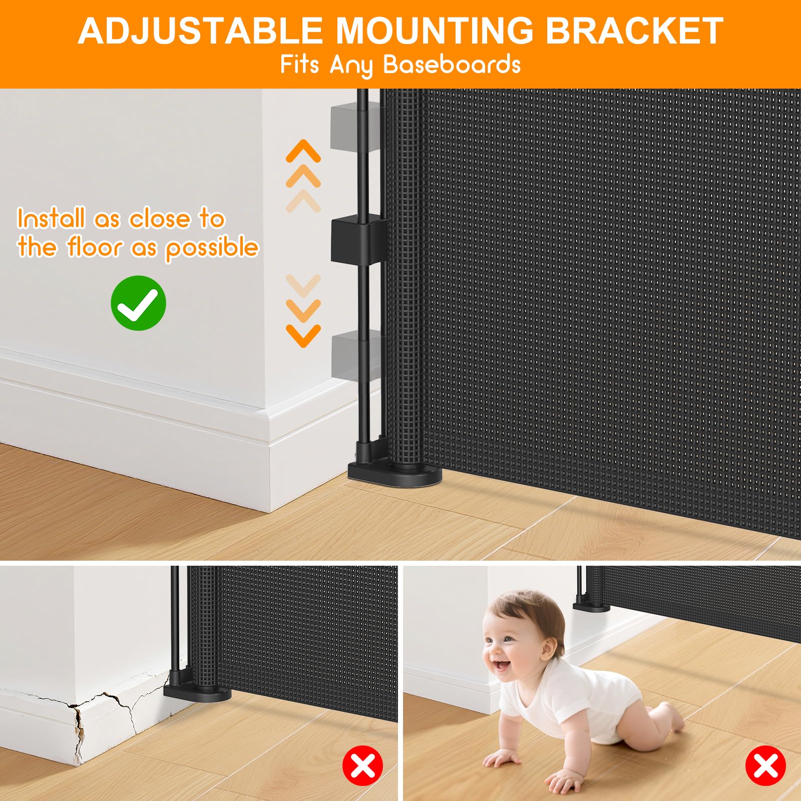 EZIGO retractable mesh gate blends with decor while keeping kids safe.