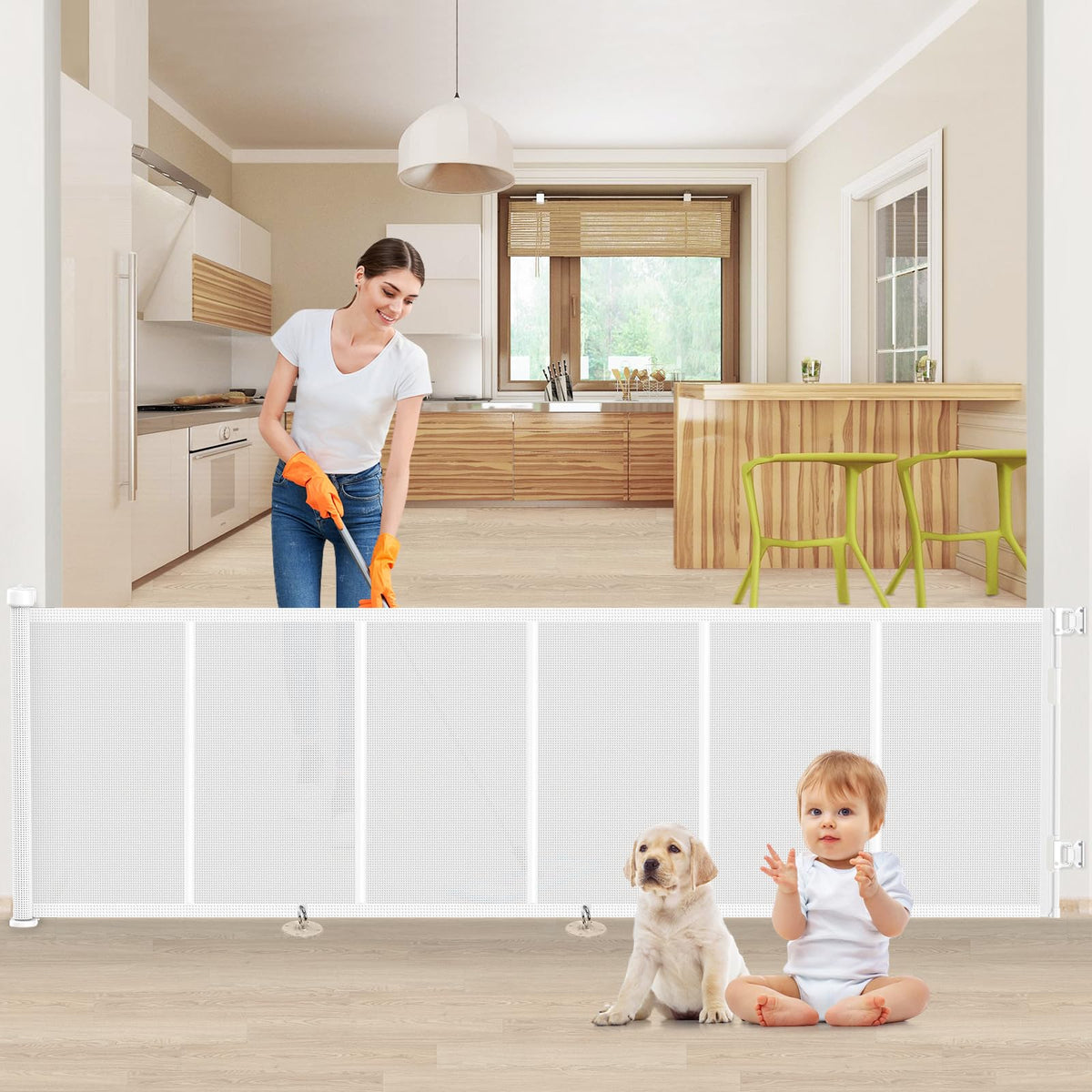 EZIGO Upgrade 120-inch retractable gate in white for wide openings.