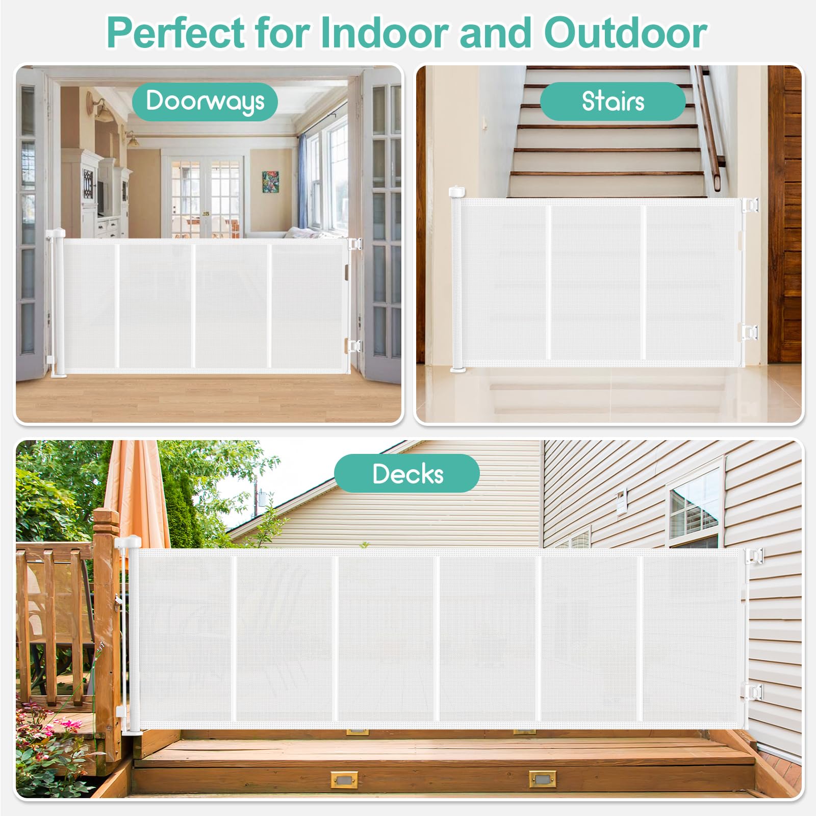 EZIGO white mesh gate blends with decor while keeping kids and pets safe.