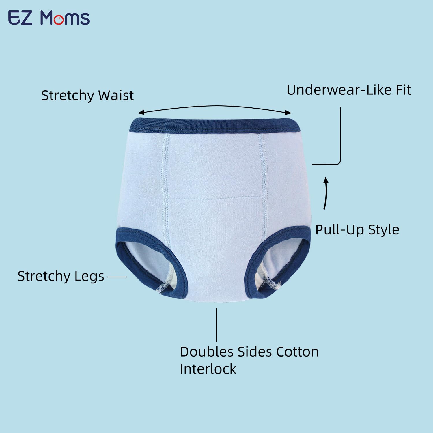 EZ Moms elastic belt design for comfy, easy-on, easy-off training pants.