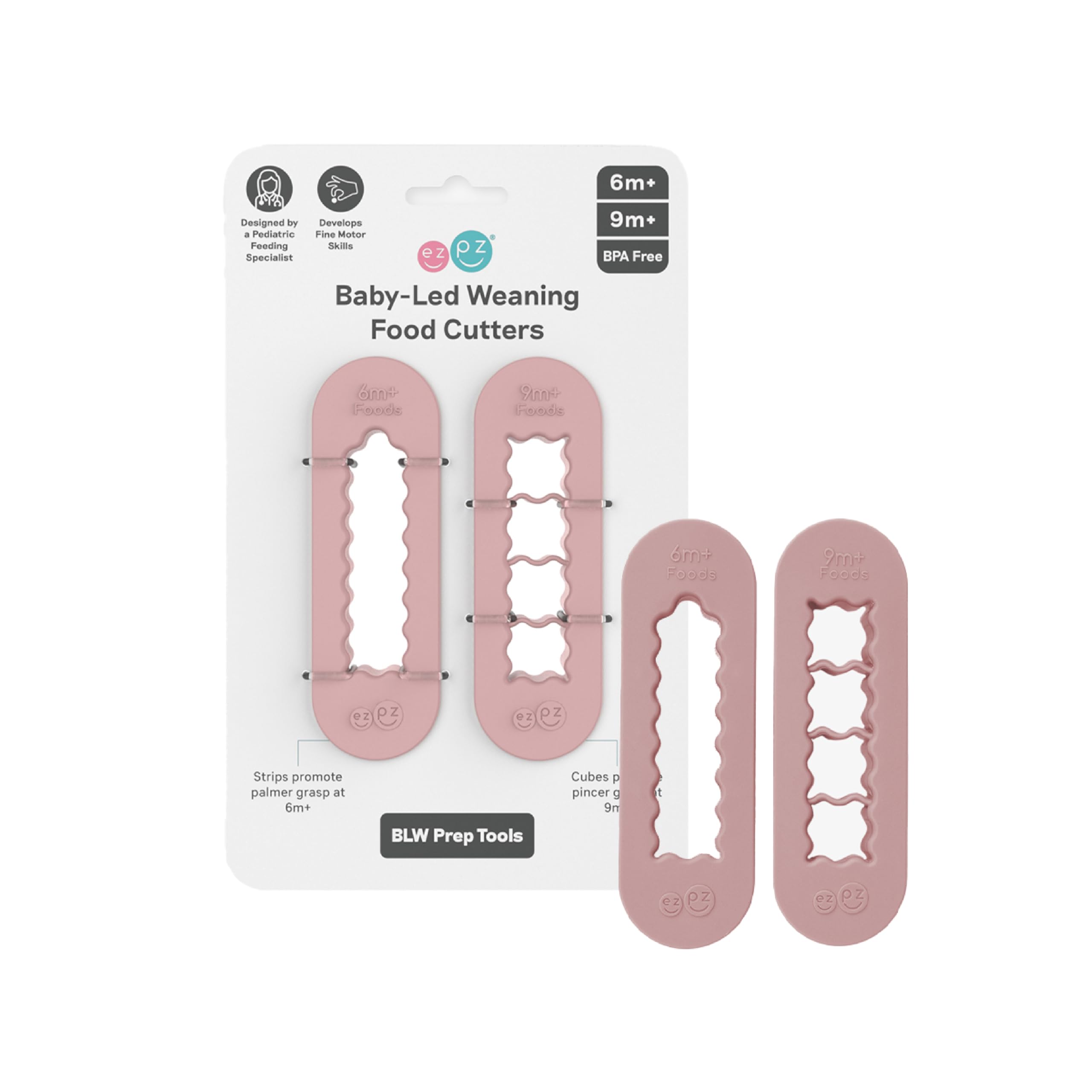 ezpz baby-led weaning cutters two-pack blush for easy finger-length strips and bite-sized cubes