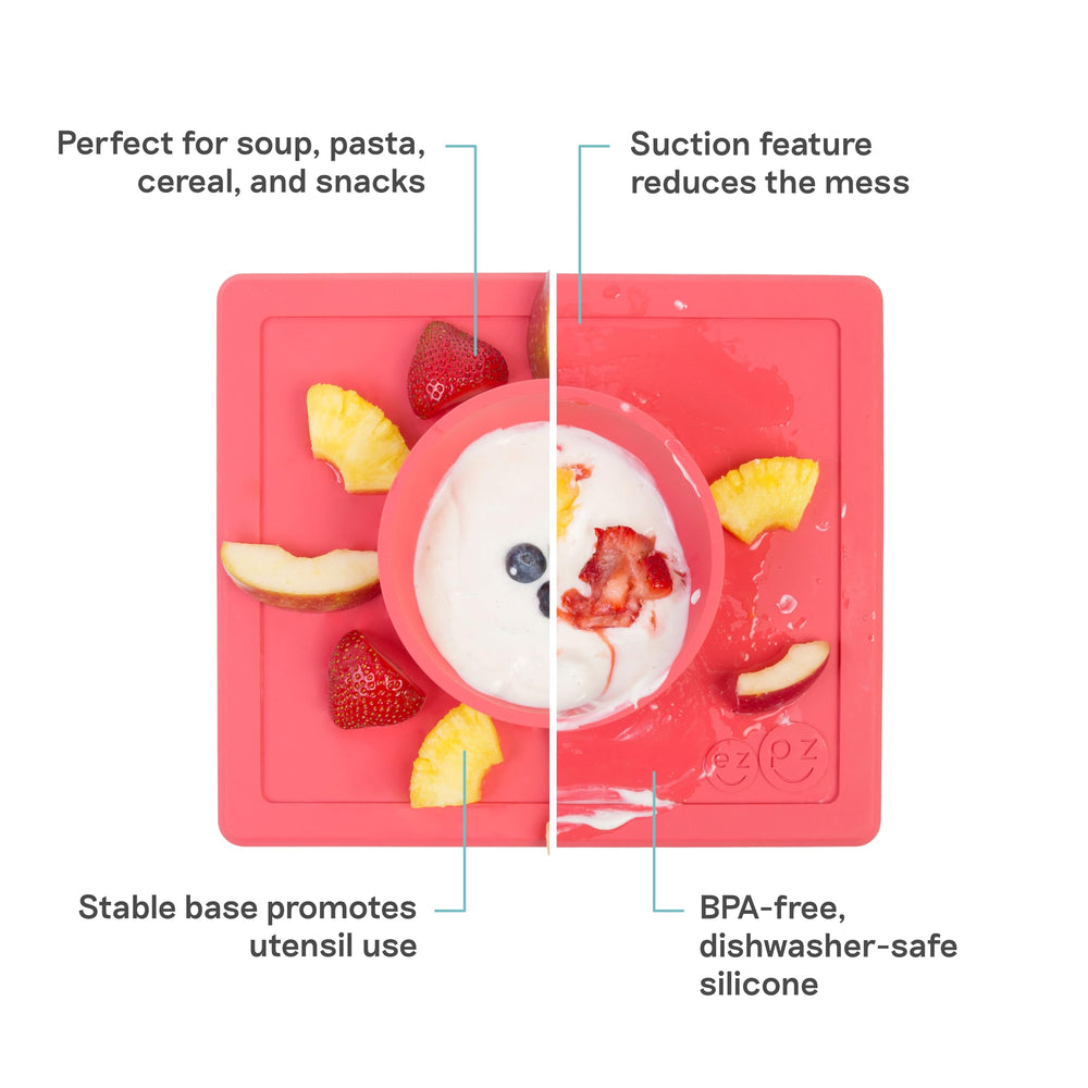 ezpz Happy Bowl built-in placemat keeps mealtimes tidy.