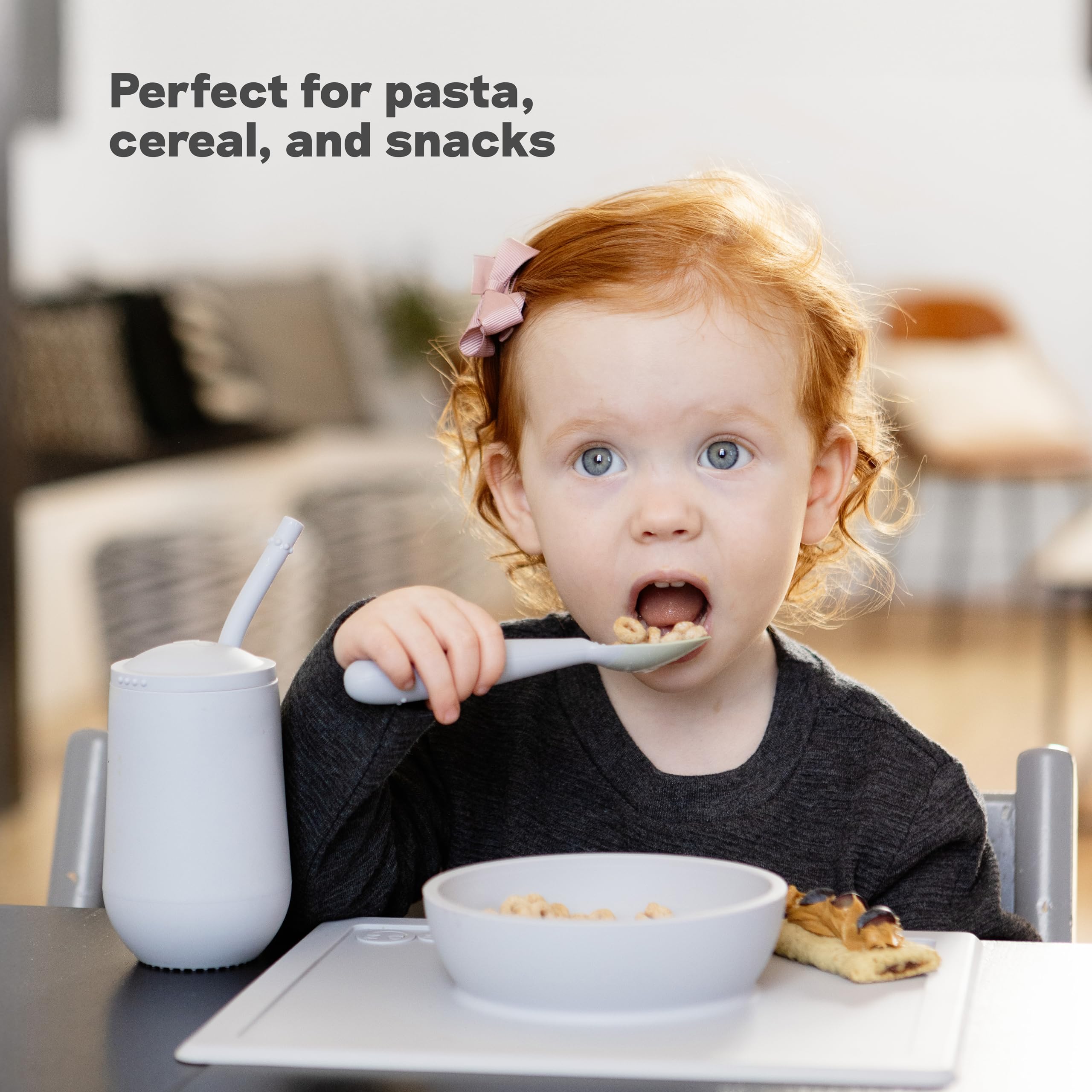 ezpz Happy Bowl pairs with portable placemat for easy cleanup.