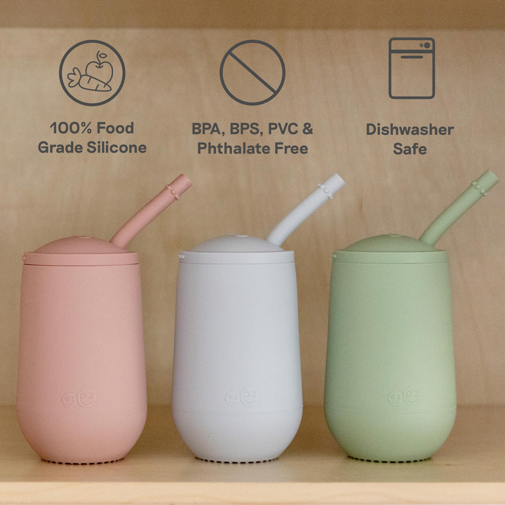 ezpz Happy Cup Sage open-cup 8oz design supports independent drinking milestones.