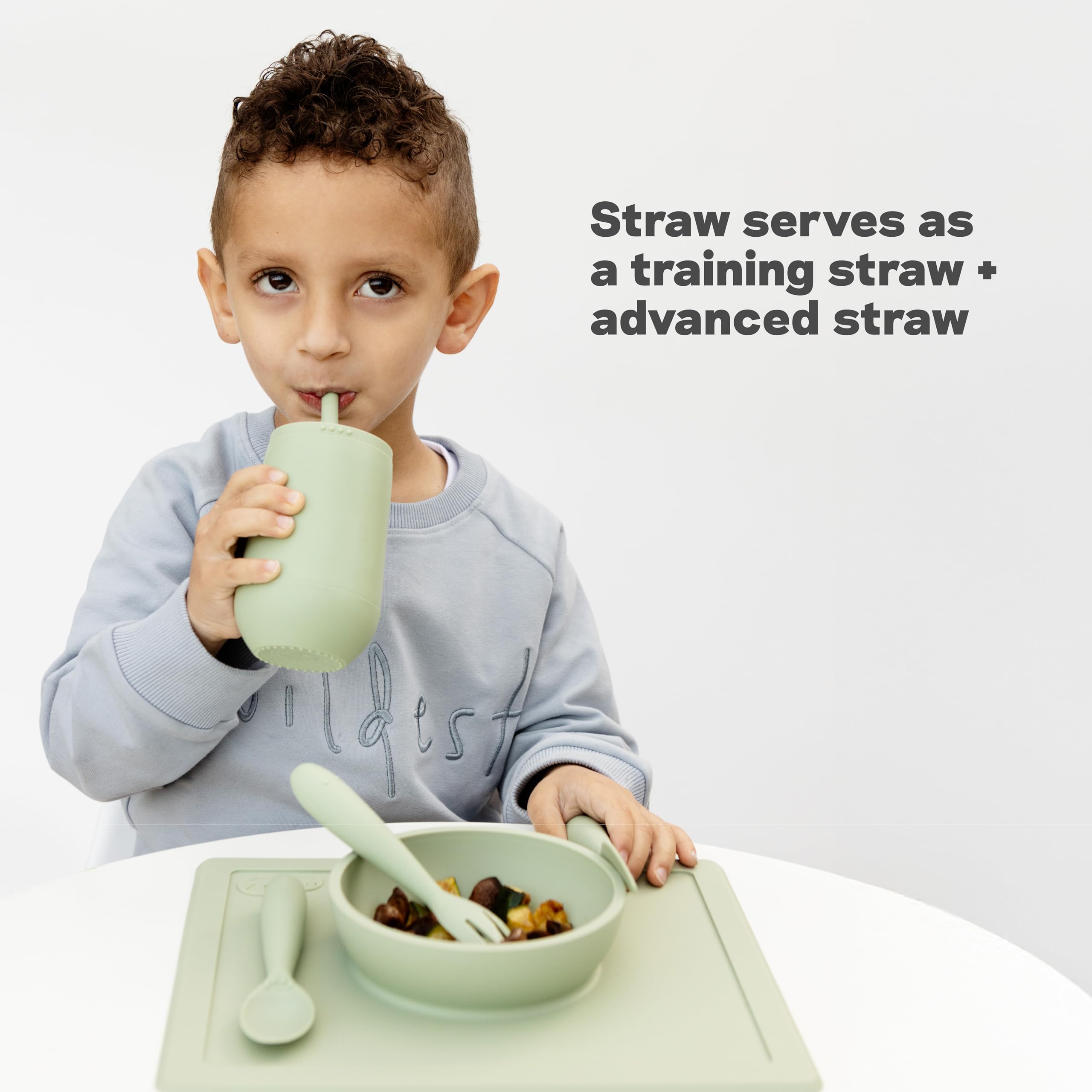 ezpz Happy Cup Sage silicone construction is BPA-free and safe for little mouths.
