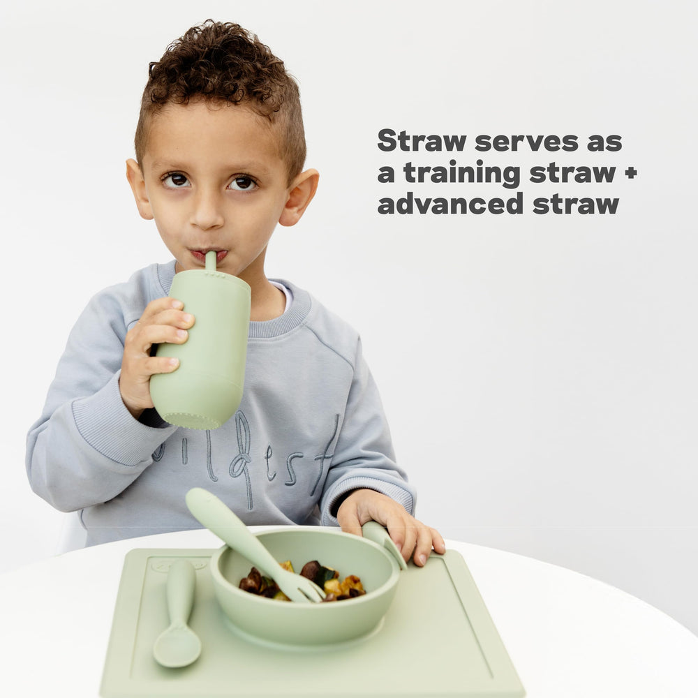 ezpz Happy Cup Sage silicone construction is BPA-free and safe for little mouths.