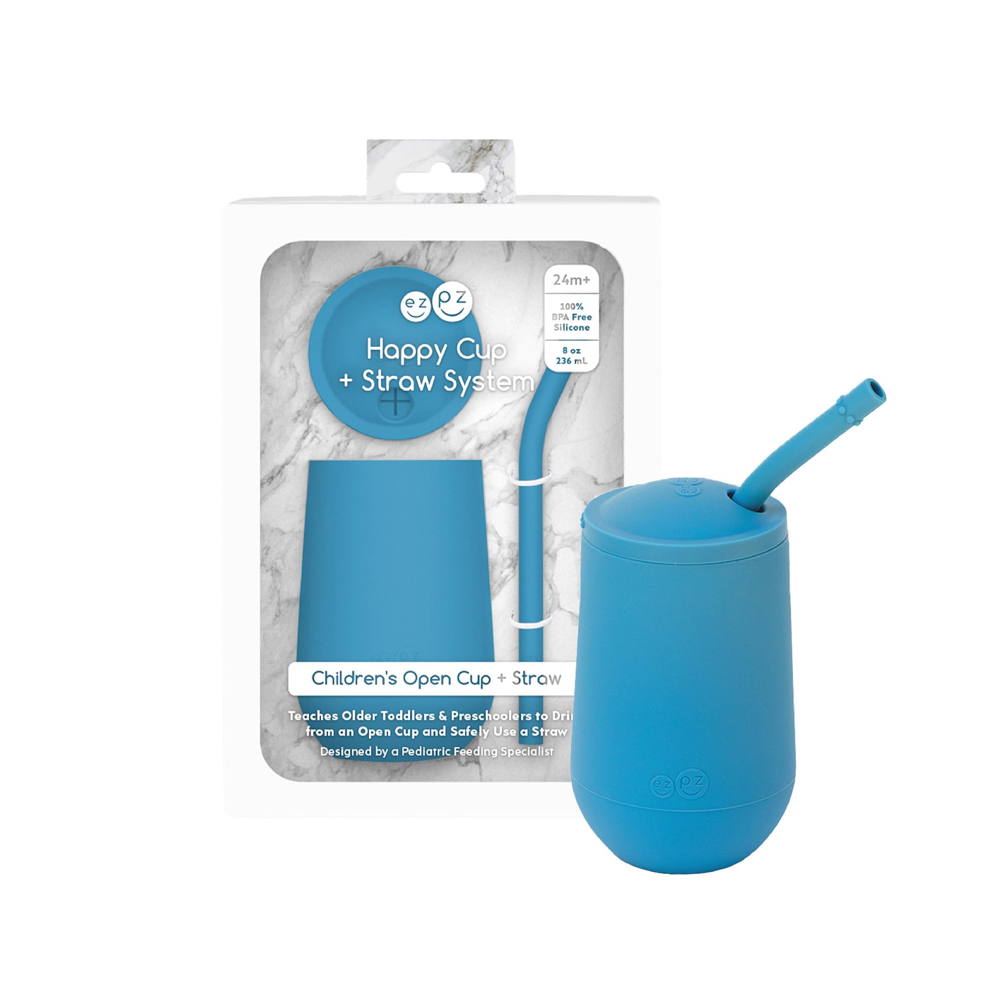 ezpz Happy Cup + Straw System blue, close-up of sensory bumps guiding lips.