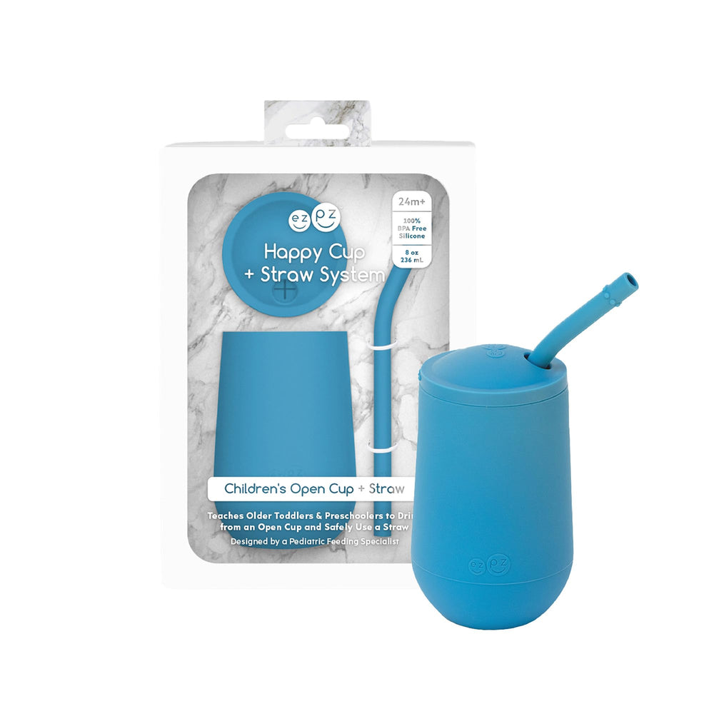 ezpz Happy Cup + Straw System blue, close-up of sensory bumps guiding lips.