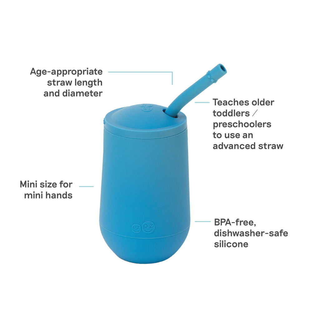 ezpz Happy Cup + Straw System blue, weighted base for stability during sipping.