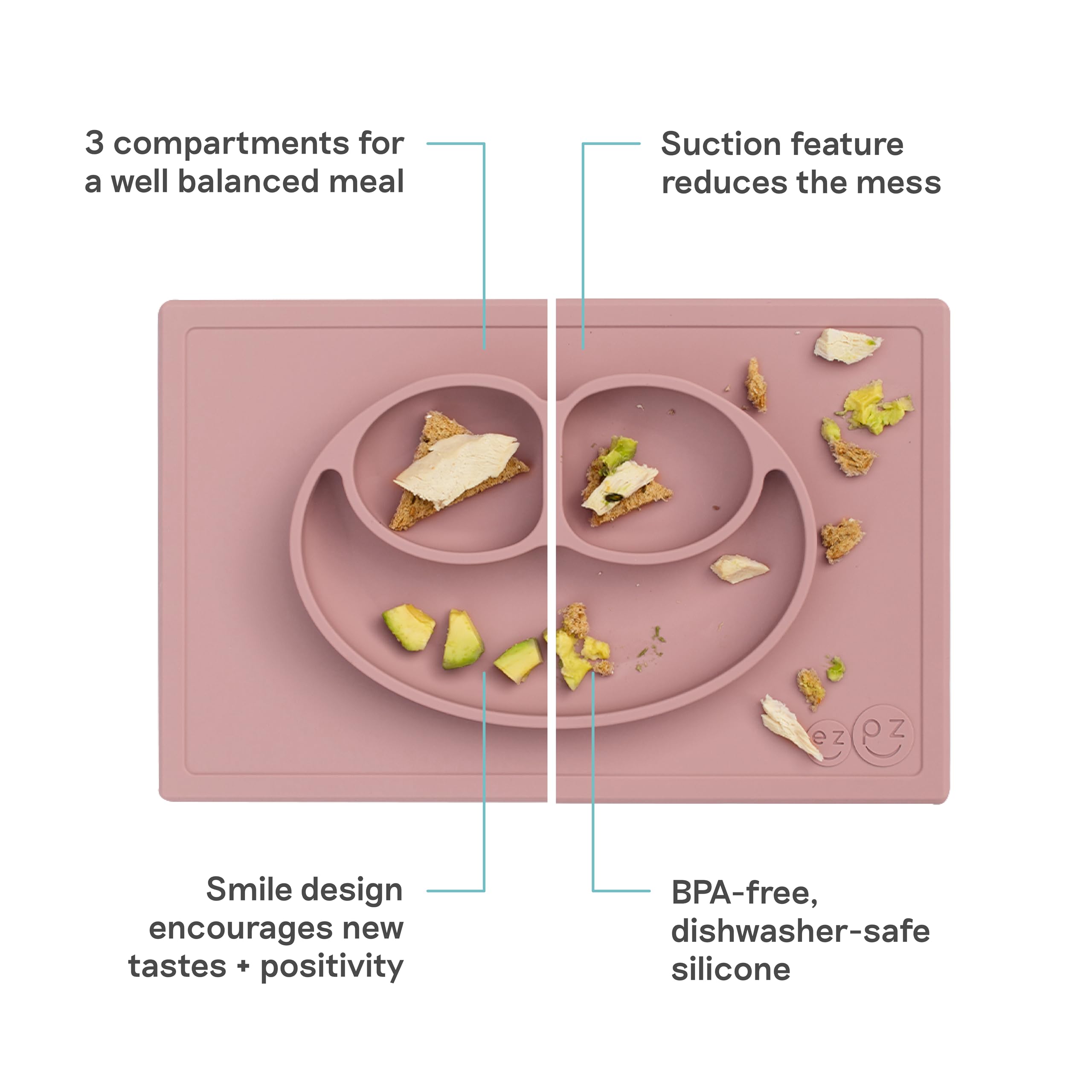 Ezpz Happy Mat divided plate keeps three portions neatly separated during snack time.
