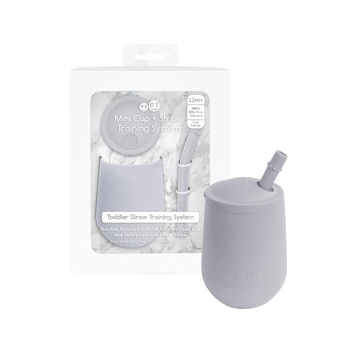 ezpz Mini Cup + Straw pewter cup demonstrates open-cup practice for toddlers.