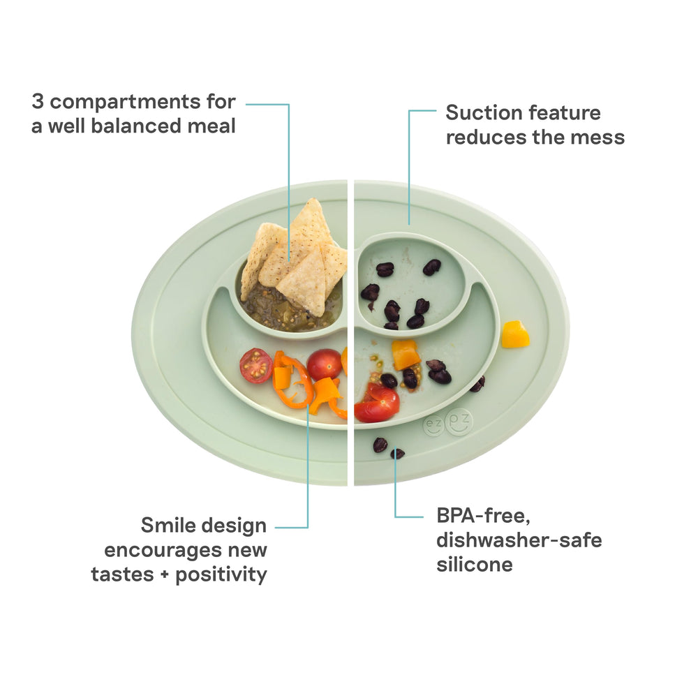 ezpz Mini Mat Sage in highchair stabilizes bowls and reduces spills