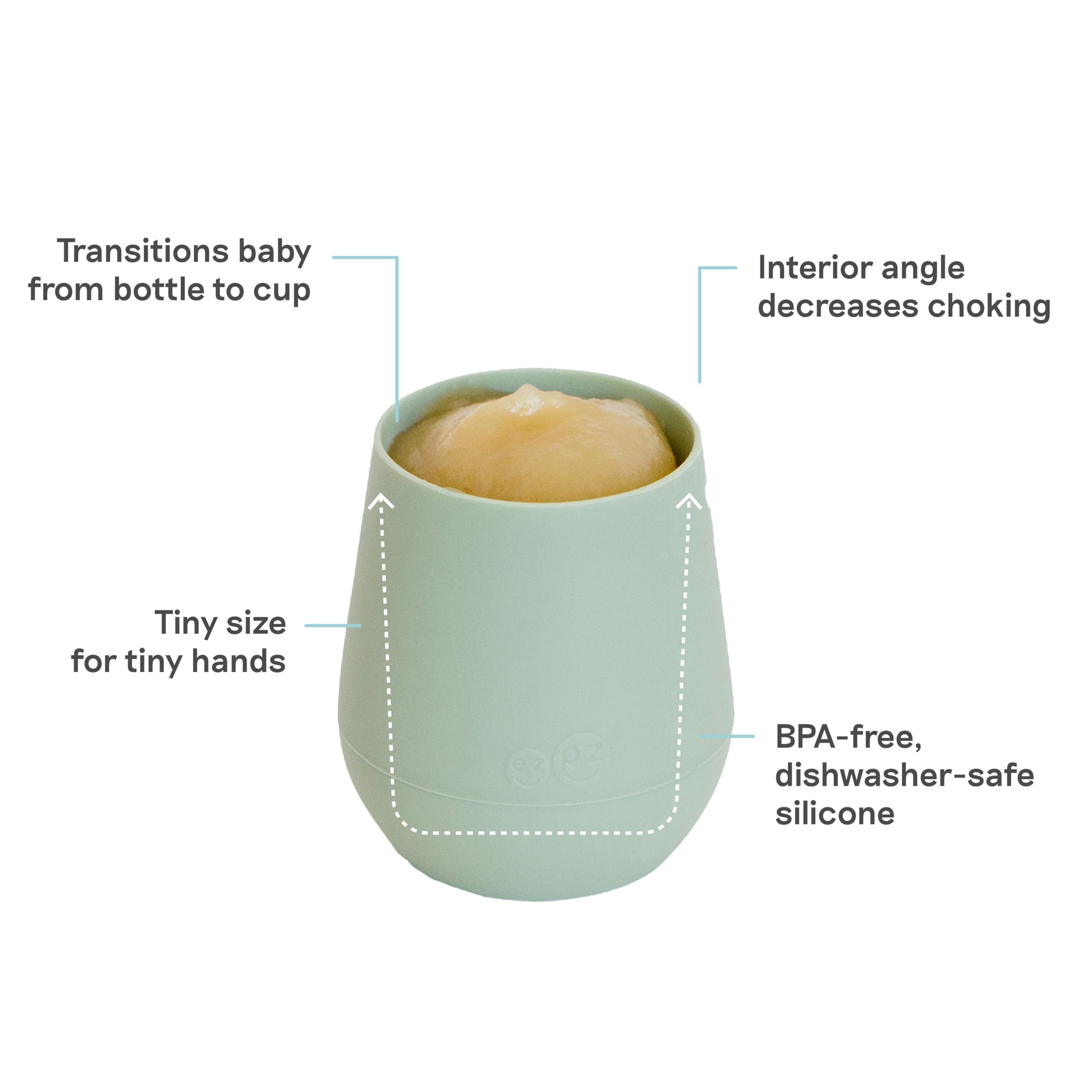 ezpz Tiny Cup Sage has a weighted base to resist tipping during self-feeding.