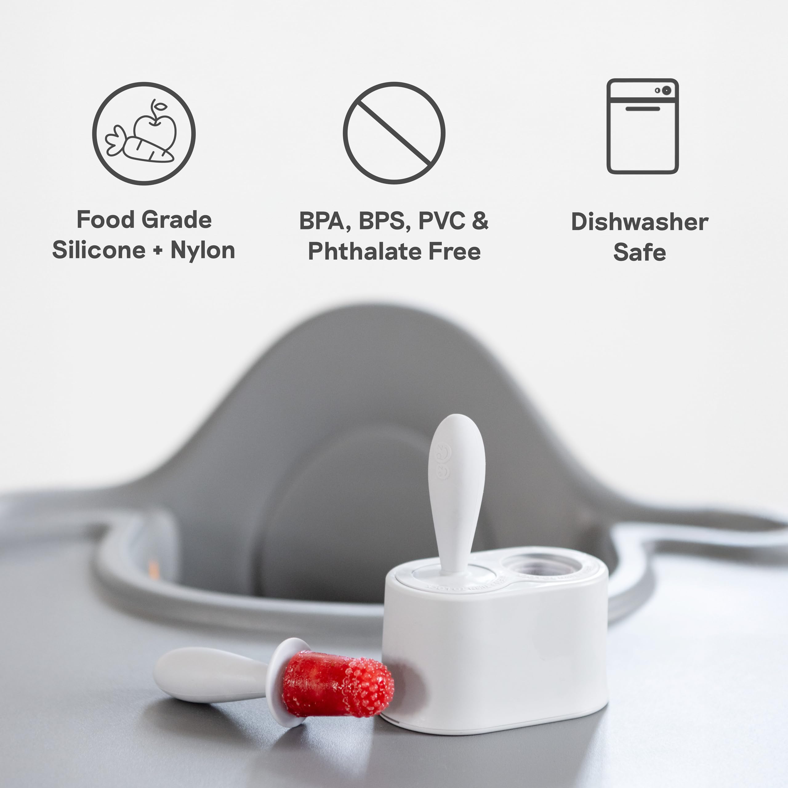 ezpz Tiny Pops materials include food-grade silicone, nylon, COPP