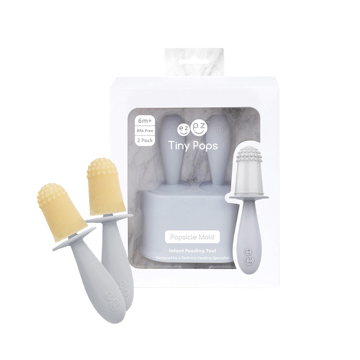 ezpz Tiny Pops set shown with mold, stand, and wands for precise infant portions